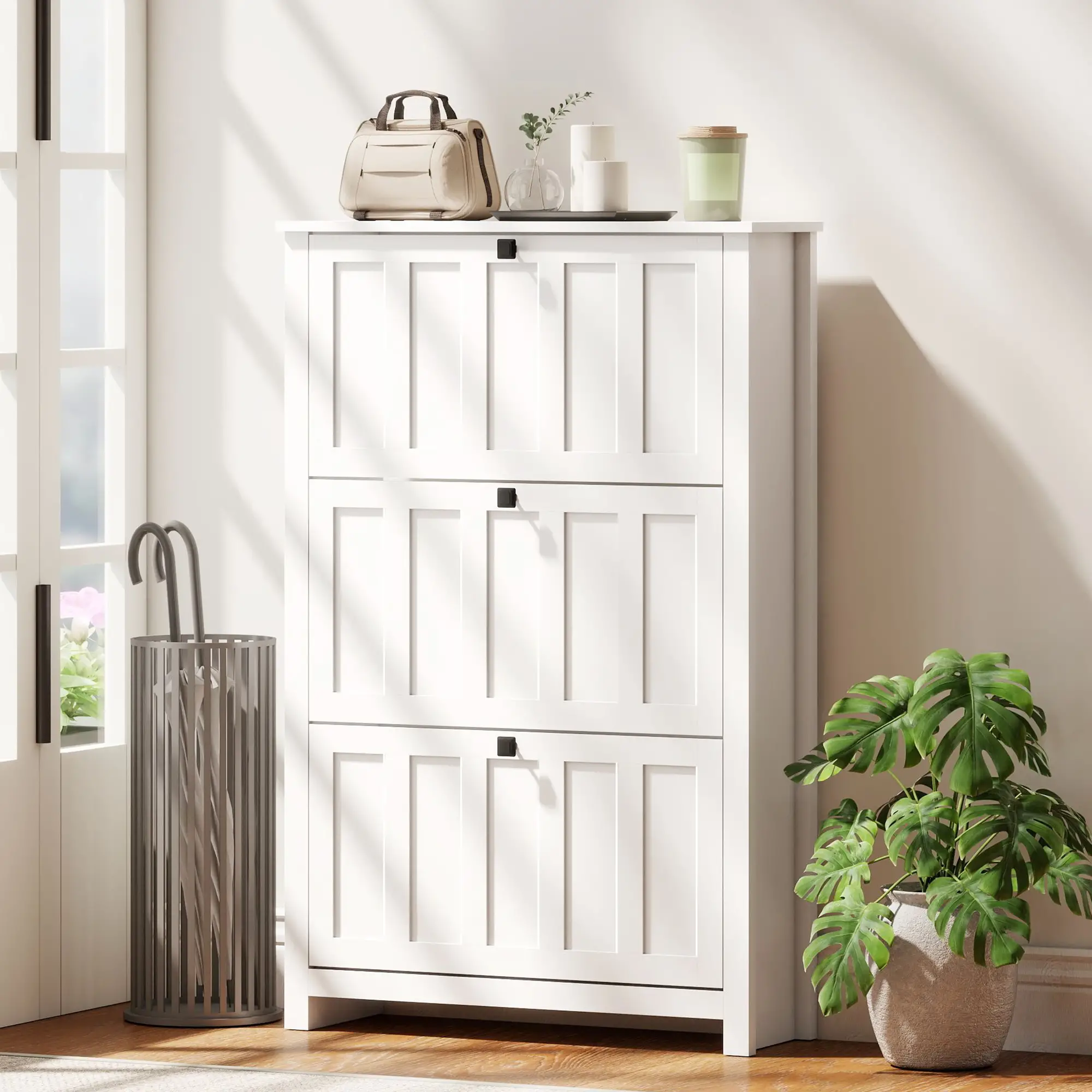 Slim Shoe Cabinet, 3 Flip Drawers, Adjustable Shelves, Holds 18 Pairs, White - Image 8