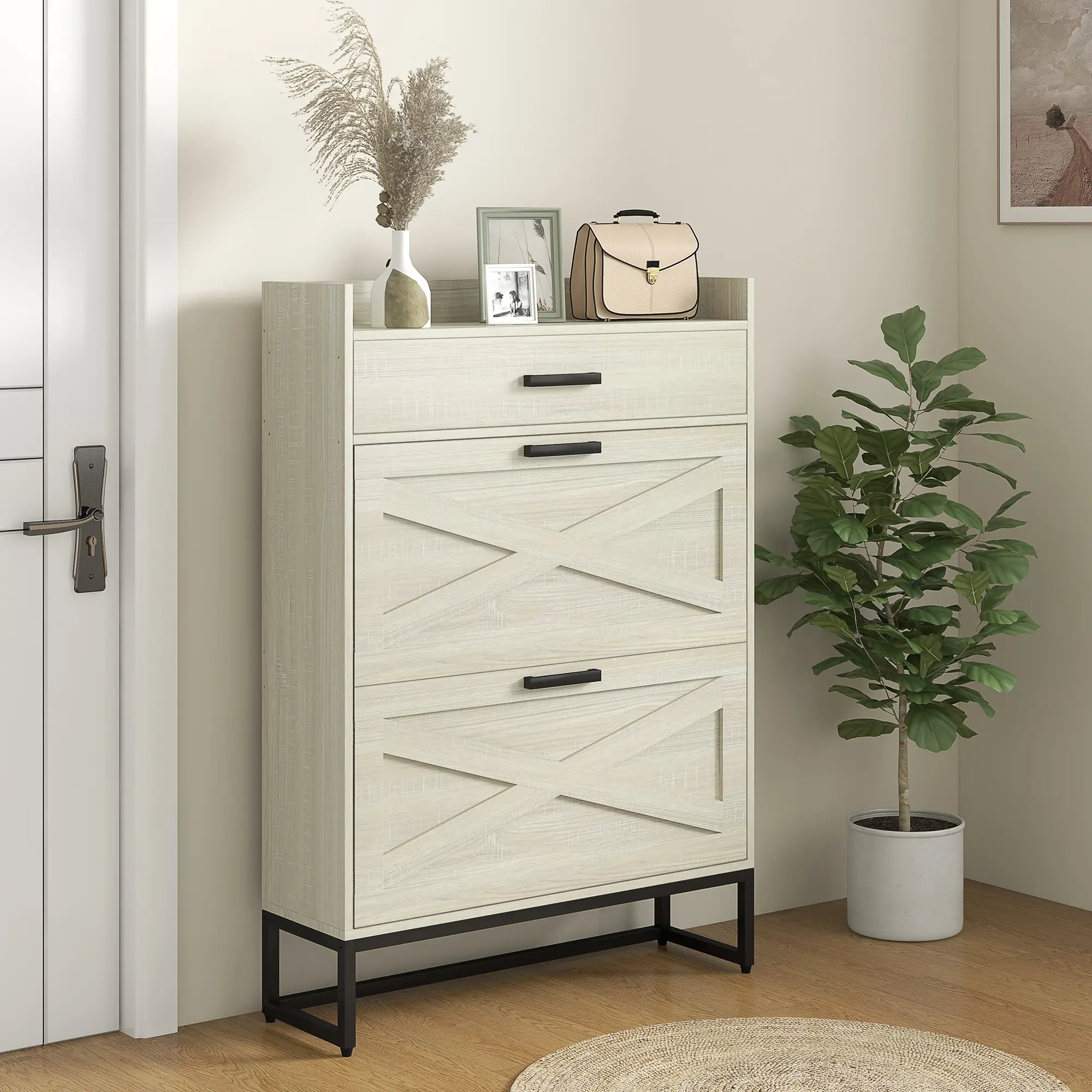 Slim Shoe Storage, 2 Flip Drawers, Adjustable Shelves, 12 Pair, Distressed, White - Image 8