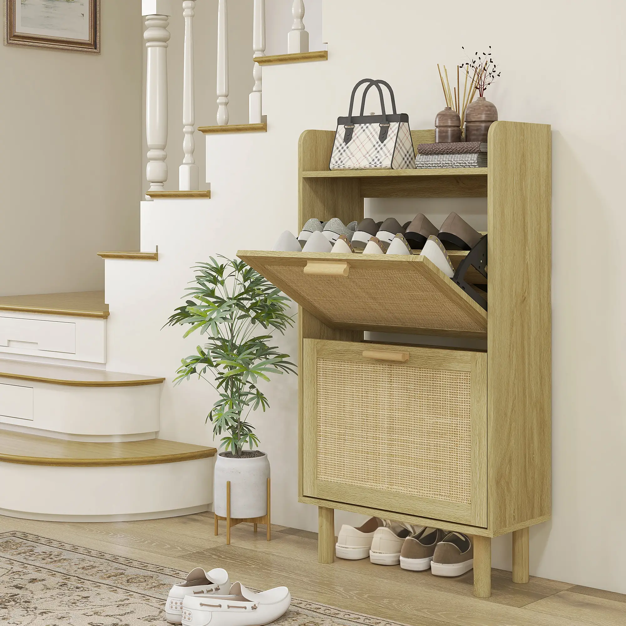 Slim Shoe Storage, 2 Flip Drawers, Adjustable Shelves, 12 Pair, Oak - Image 2