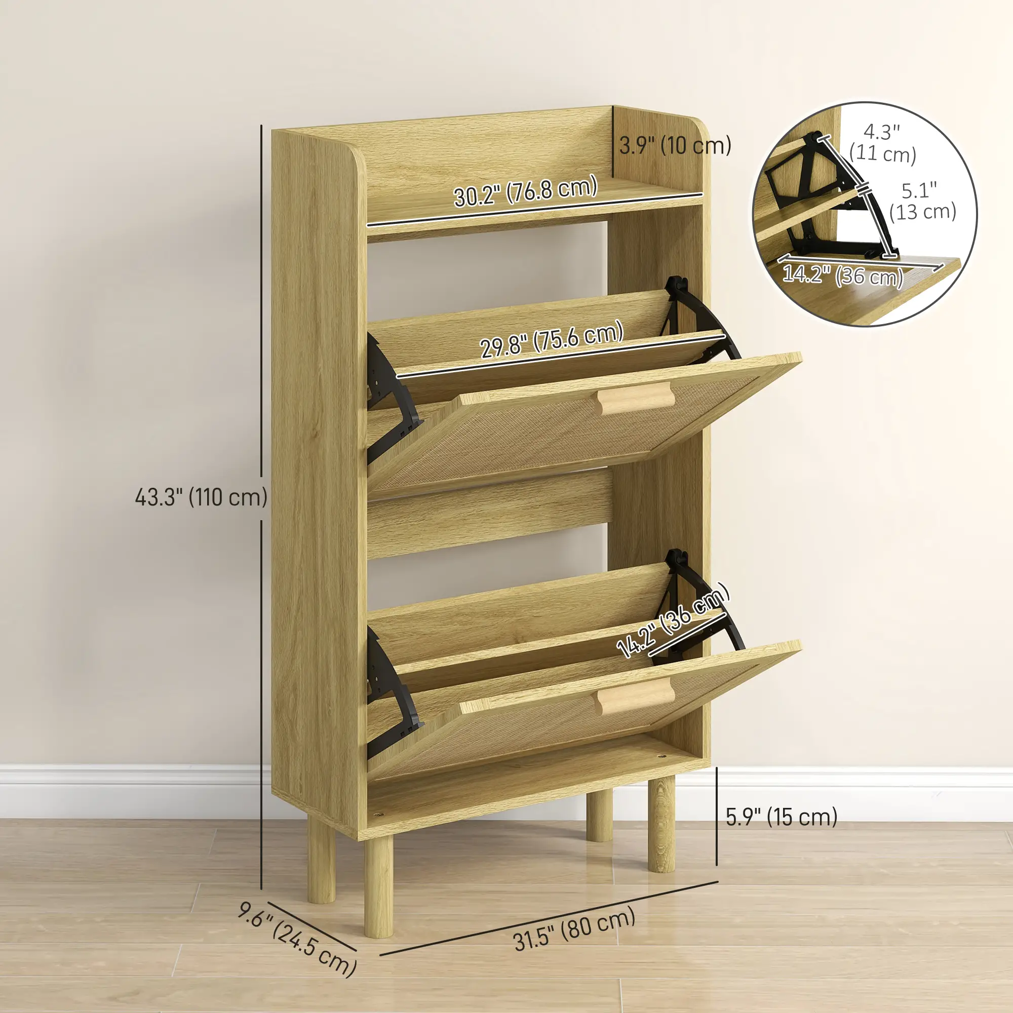 Slim Shoe Storage, 2 Flip Drawers, Adjustable Shelves, 12 Pair, Oak - Image 3