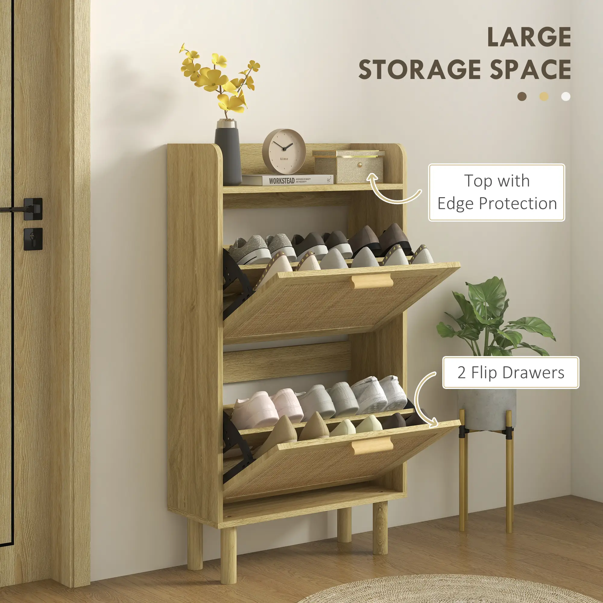 Slim Shoe Storage, 2 Flip Drawers, Adjustable Shelves, 12 Pair, Oak - Image 4