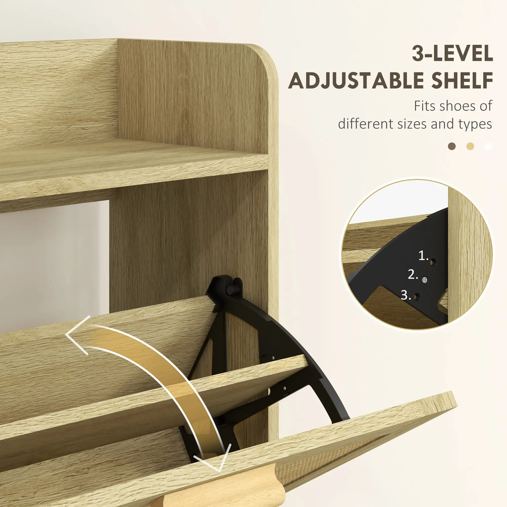 Slim Shoe Storage, 2 Flip Drawers, Adjustable Shelves, 12 Pair, Oak - Image 5