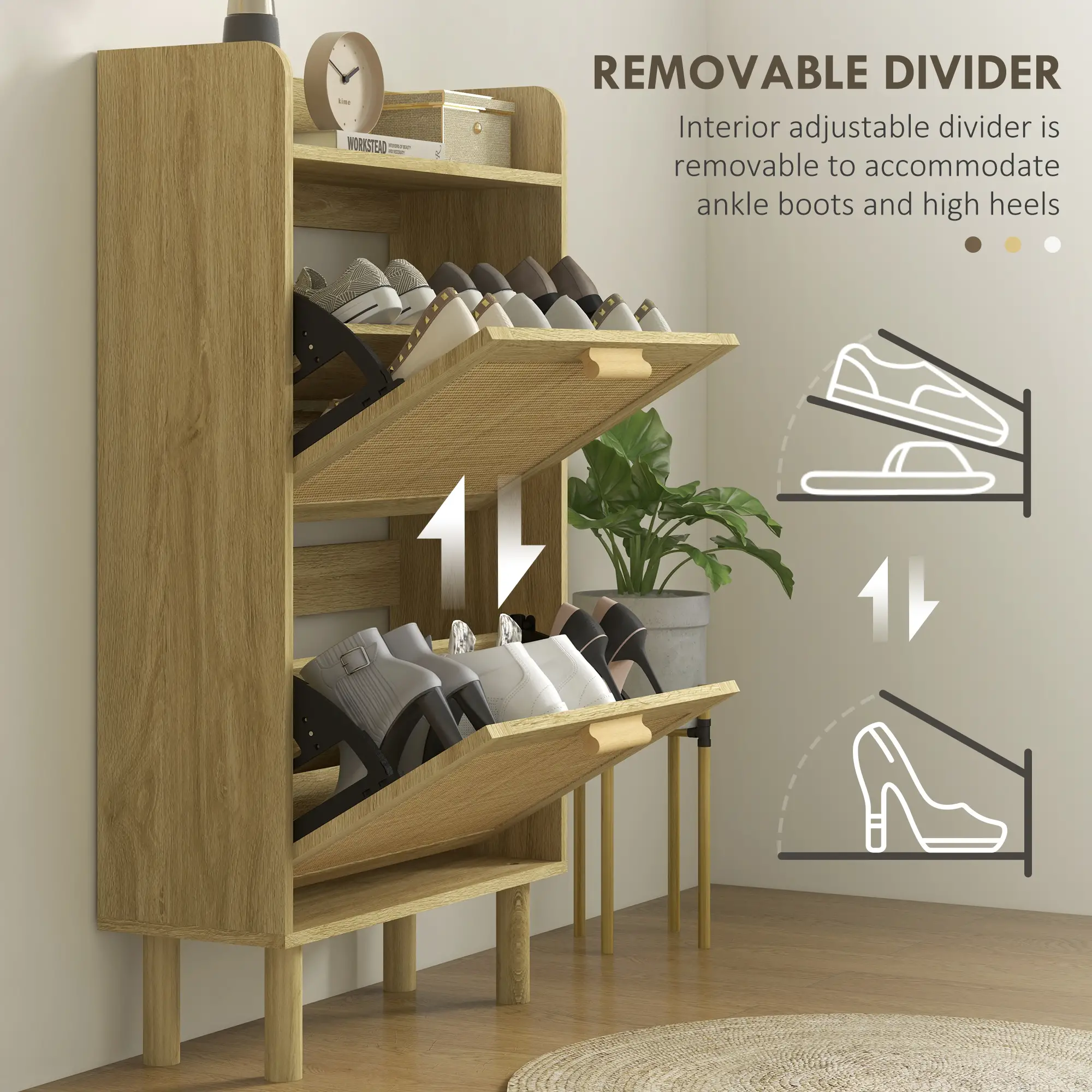 Slim Shoe Storage, 2 Flip Drawers, Adjustable Shelves, 12 Pair, Oak - Image 6