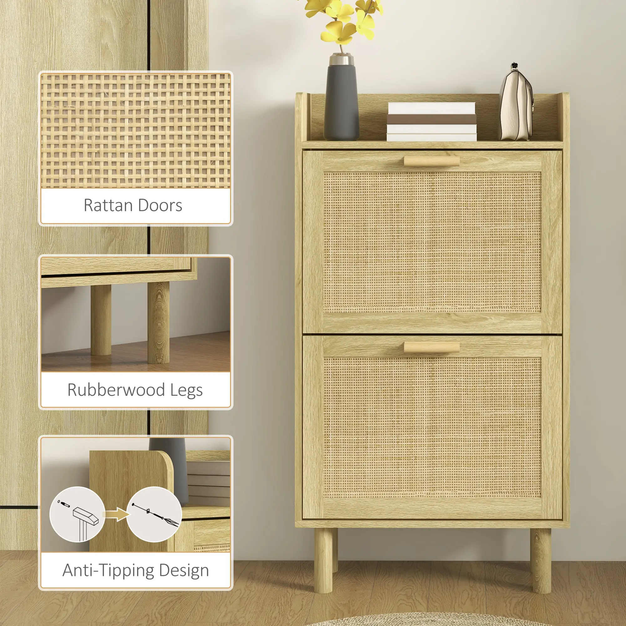 Slim Shoe Storage, 2 Flip Drawers, Adjustable Shelves, 12 Pair, Oak - Image 7