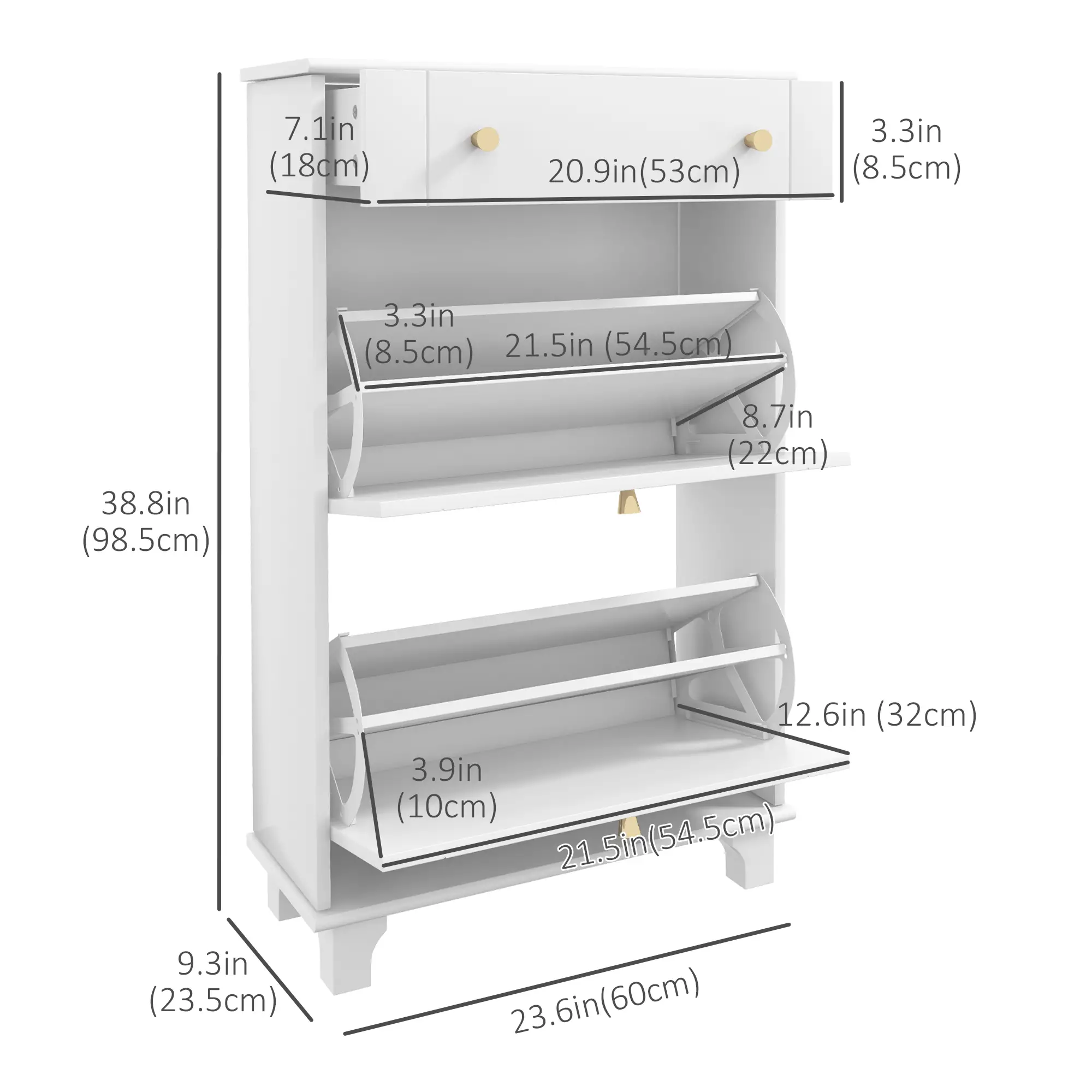Slim Shoe Storage, 2 Flip Drawers, Adjustable Shelves, 8 Pair, White - Image 3