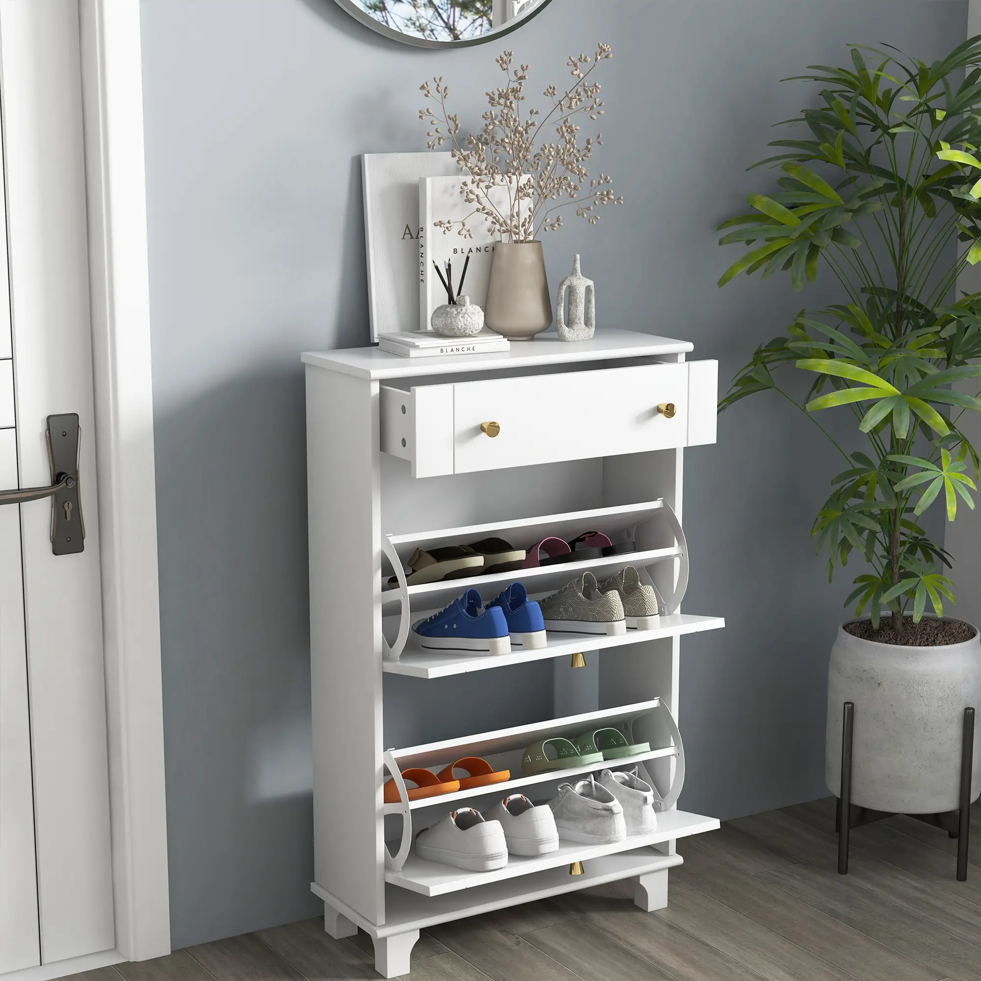 Slim Shoe Storage, 2 Flip Drawers, Adjustable Shelves, 8 Pair, White - Image 8