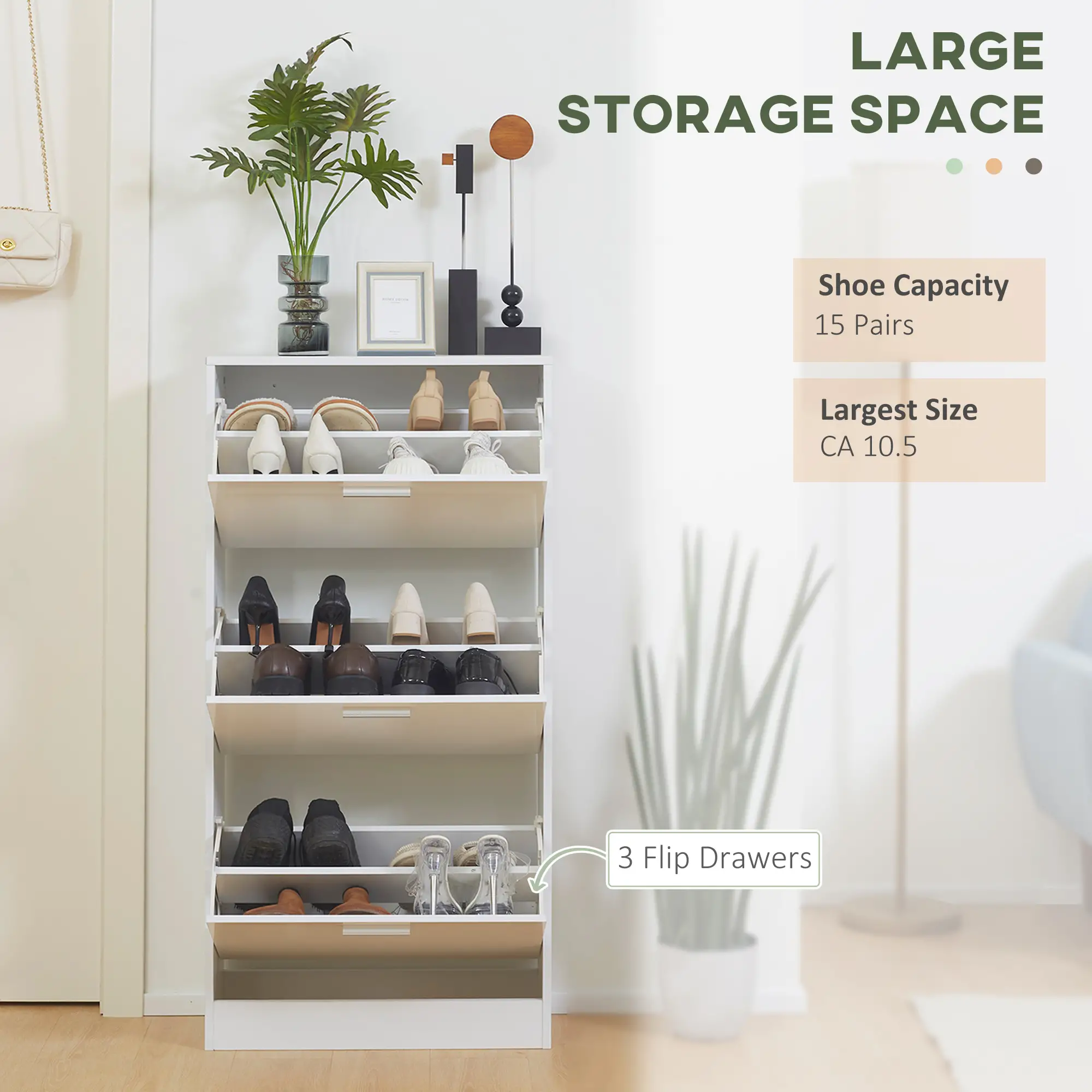 Slim Shoe Storage, 3 Flip Drawers, Adjustable Shelves, 15 Pair, High Gloss, White - Image 4
