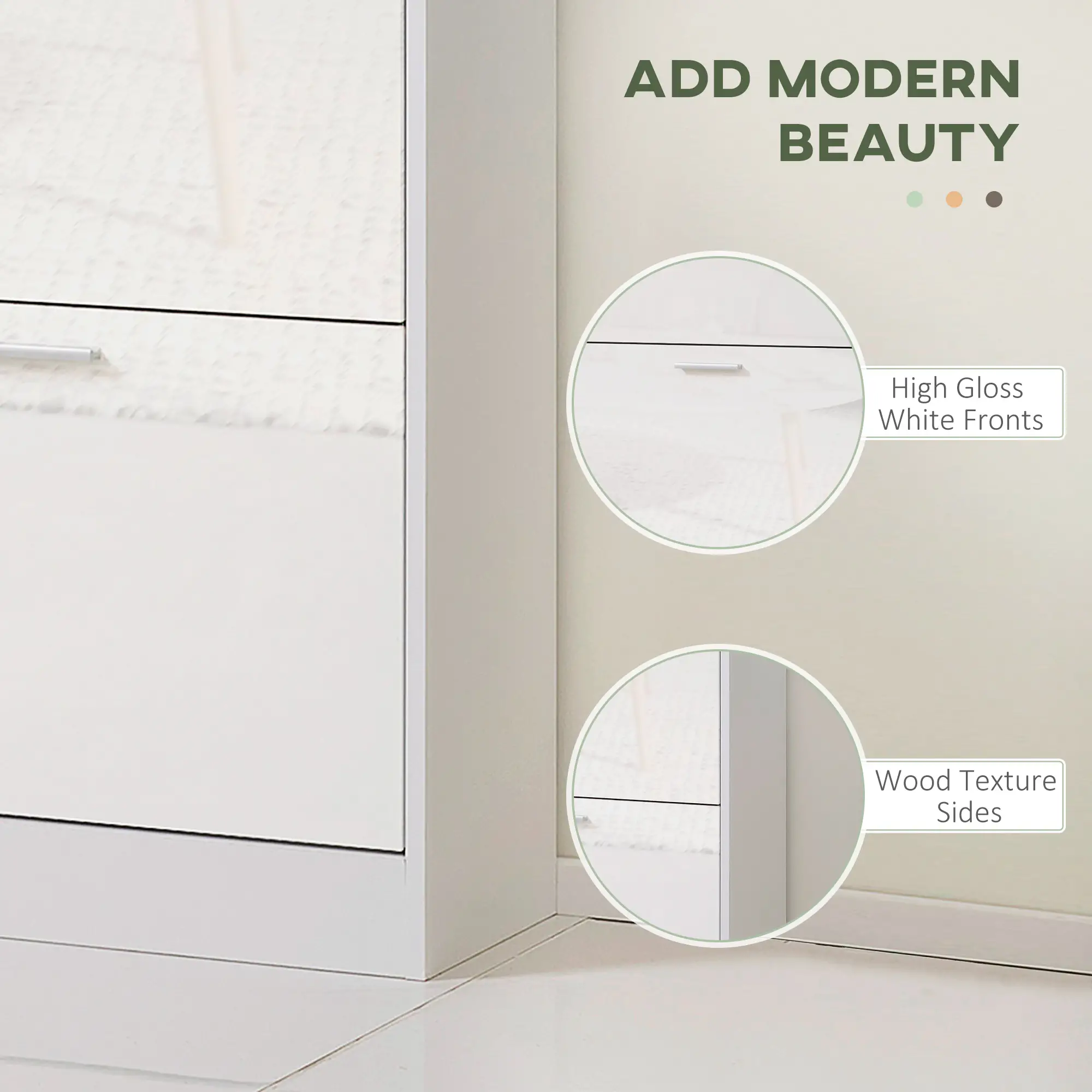 Slim Shoe Storage, 3 Flip Drawers, Adjustable Shelves, 15 Pair, High Gloss, White - Image 7
