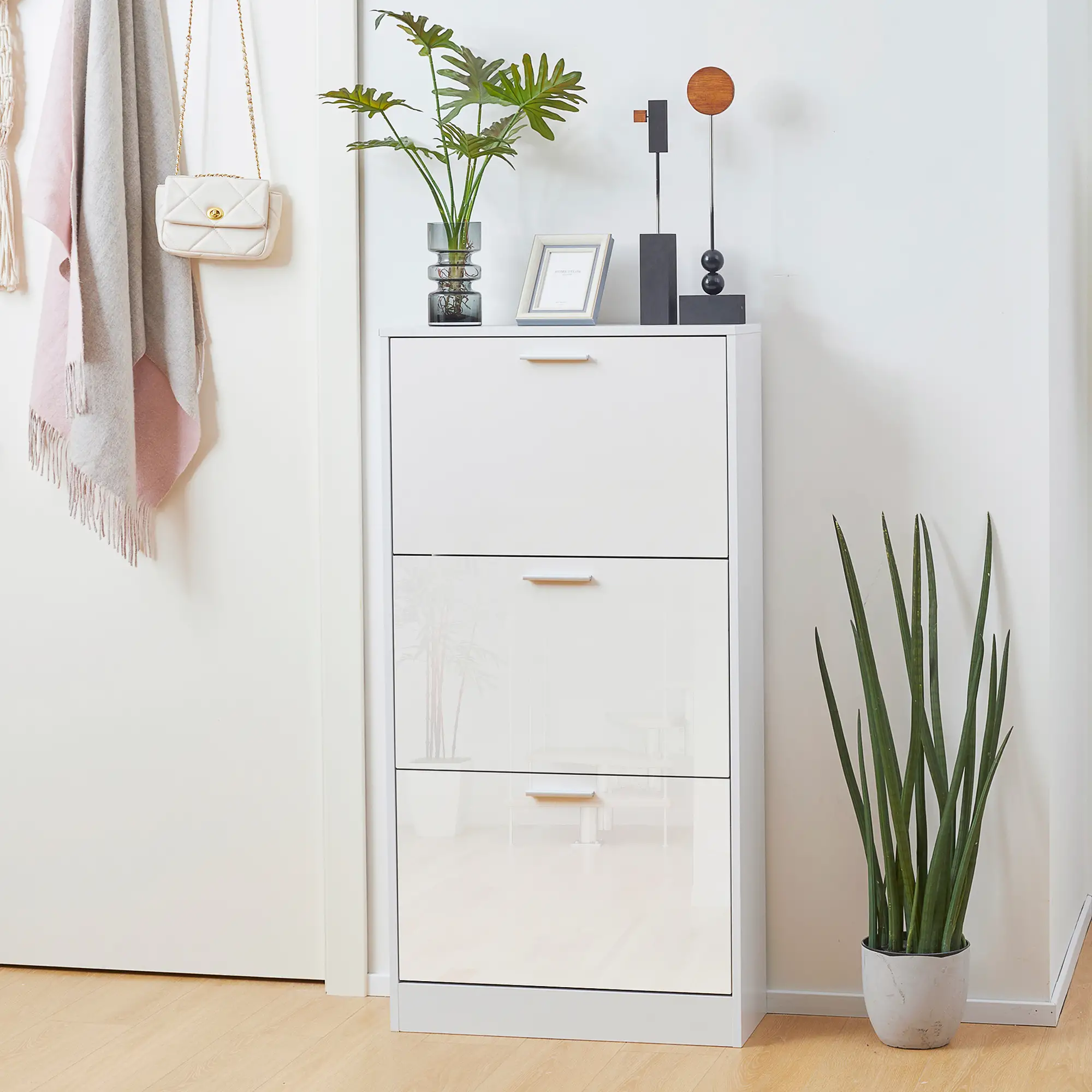 Slim Shoe Storage, 3 Flip Drawers, Adjustable Shelves, 15 Pair, High Gloss, White - Image 8