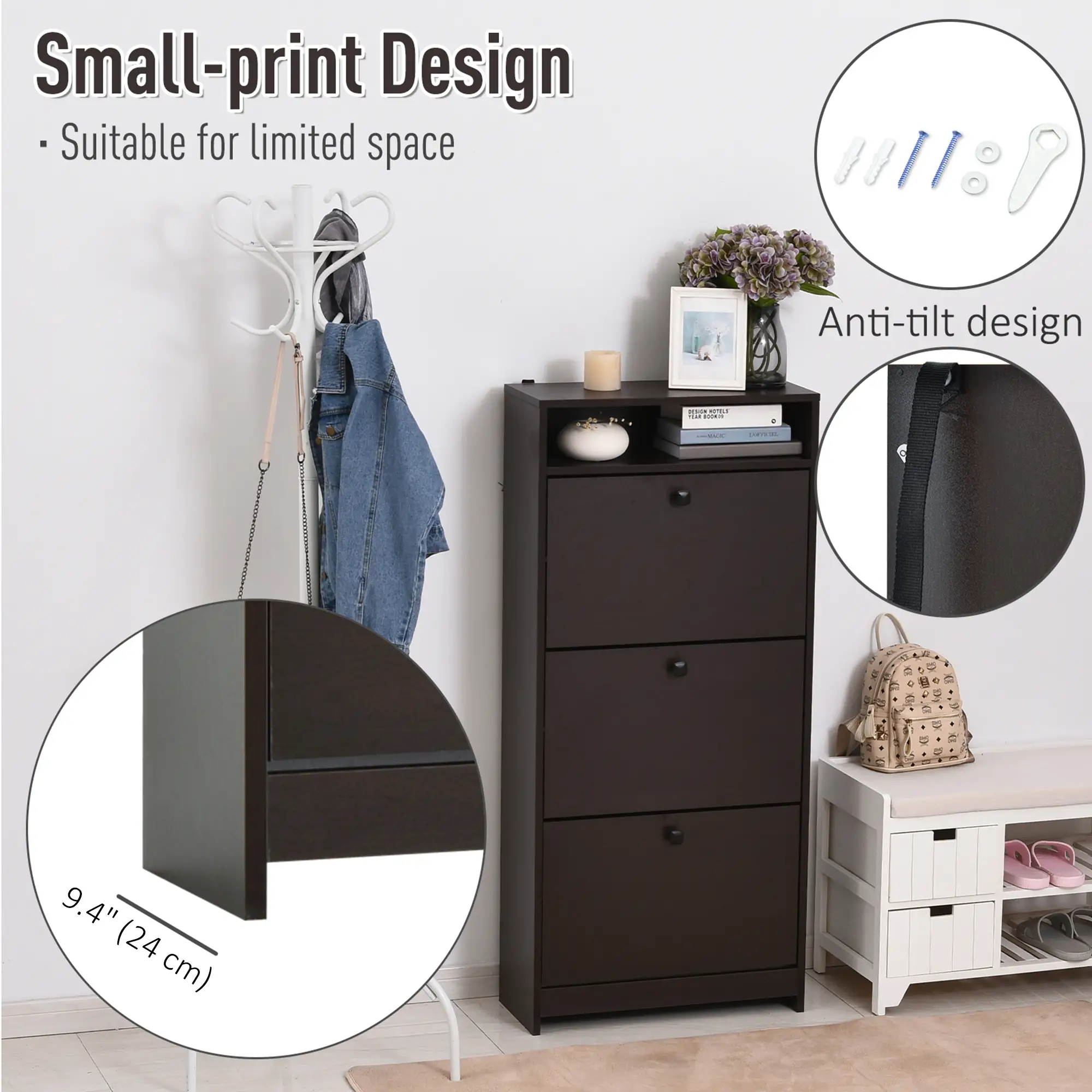 Slim Shoe Storage, 3 Flip Drawers, Adjustable Shelves, 9 Pair, Coffee - Image 6