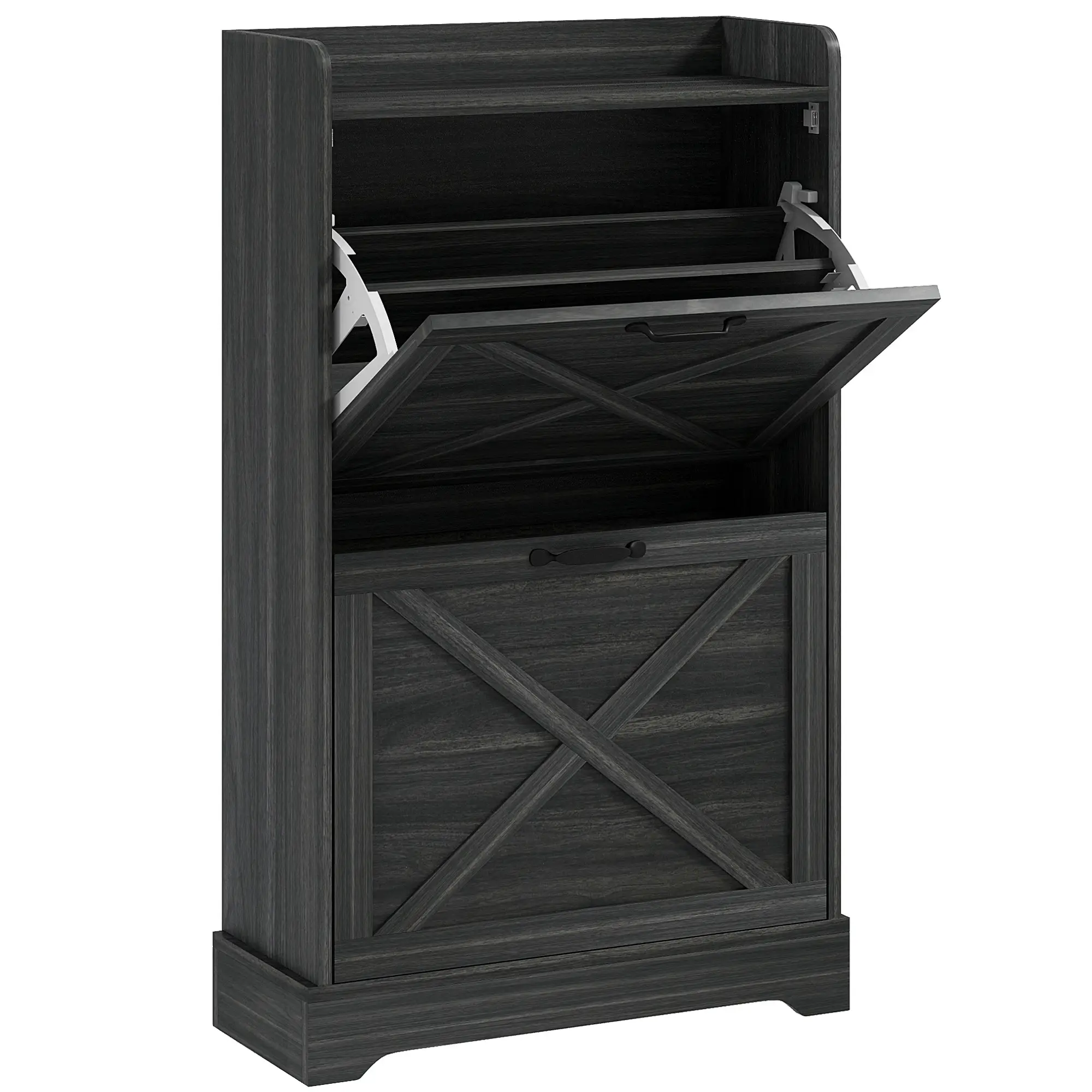 Slim Shoe Storage Cabinet, 2 Flip Drawers, Adjustable Shelves, Distressed, Grey