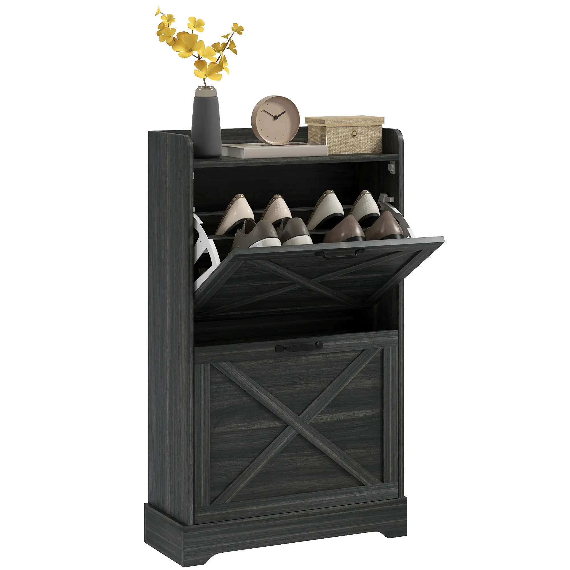 Slim Shoe Storage Cabinet, 2 Flip Drawers, Adjustable Shelves, Distressed, Grey - Image 11