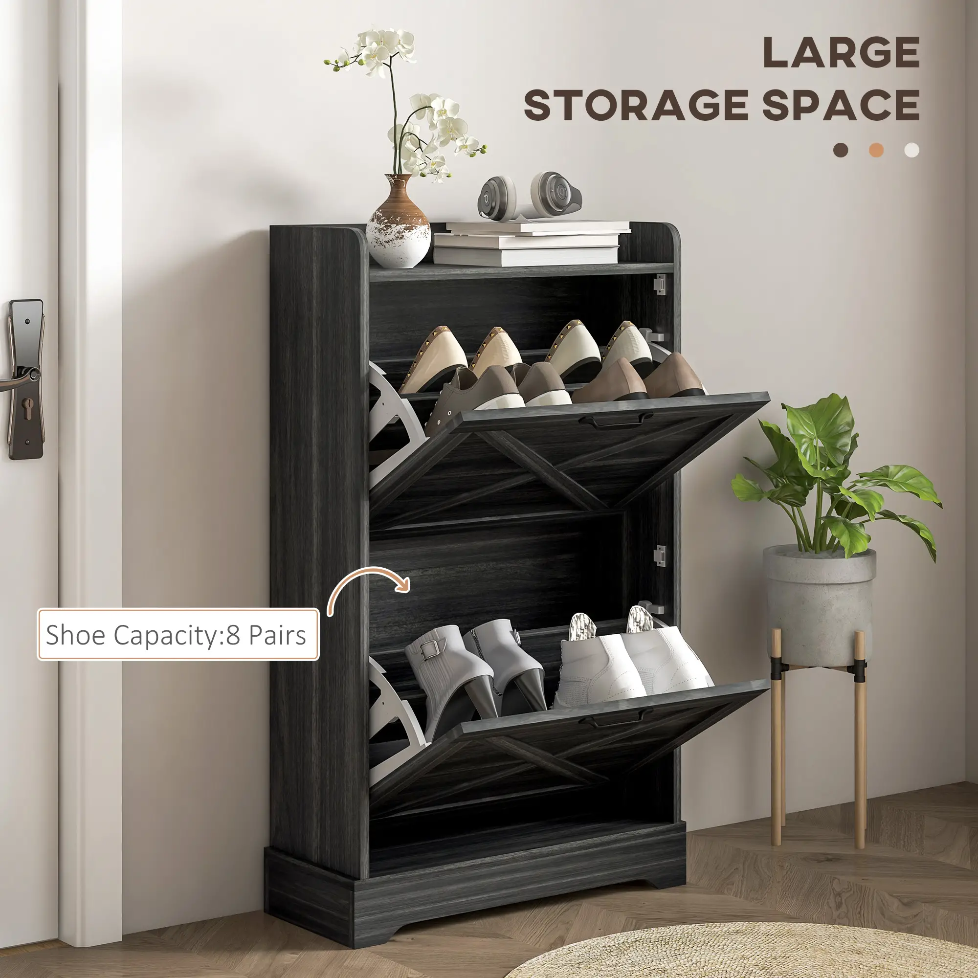 Slim Shoe Storage Cabinet, 2 Flip Drawers, Adjustable Shelves, Distressed, Grey - Image 5