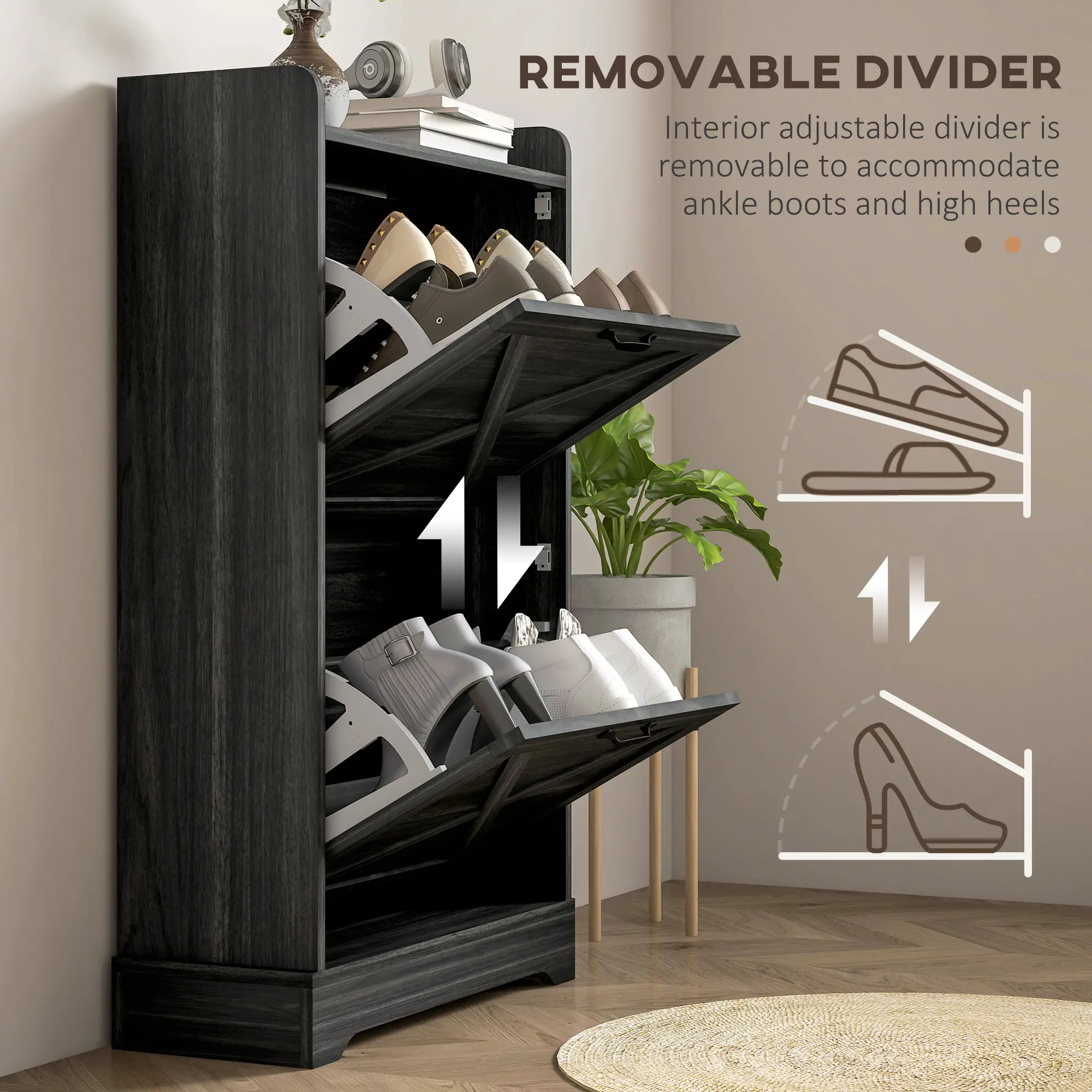 Slim Shoe Storage Cabinet, 2 Flip Drawers, Adjustable Shelves, Distressed, Grey - Image 7