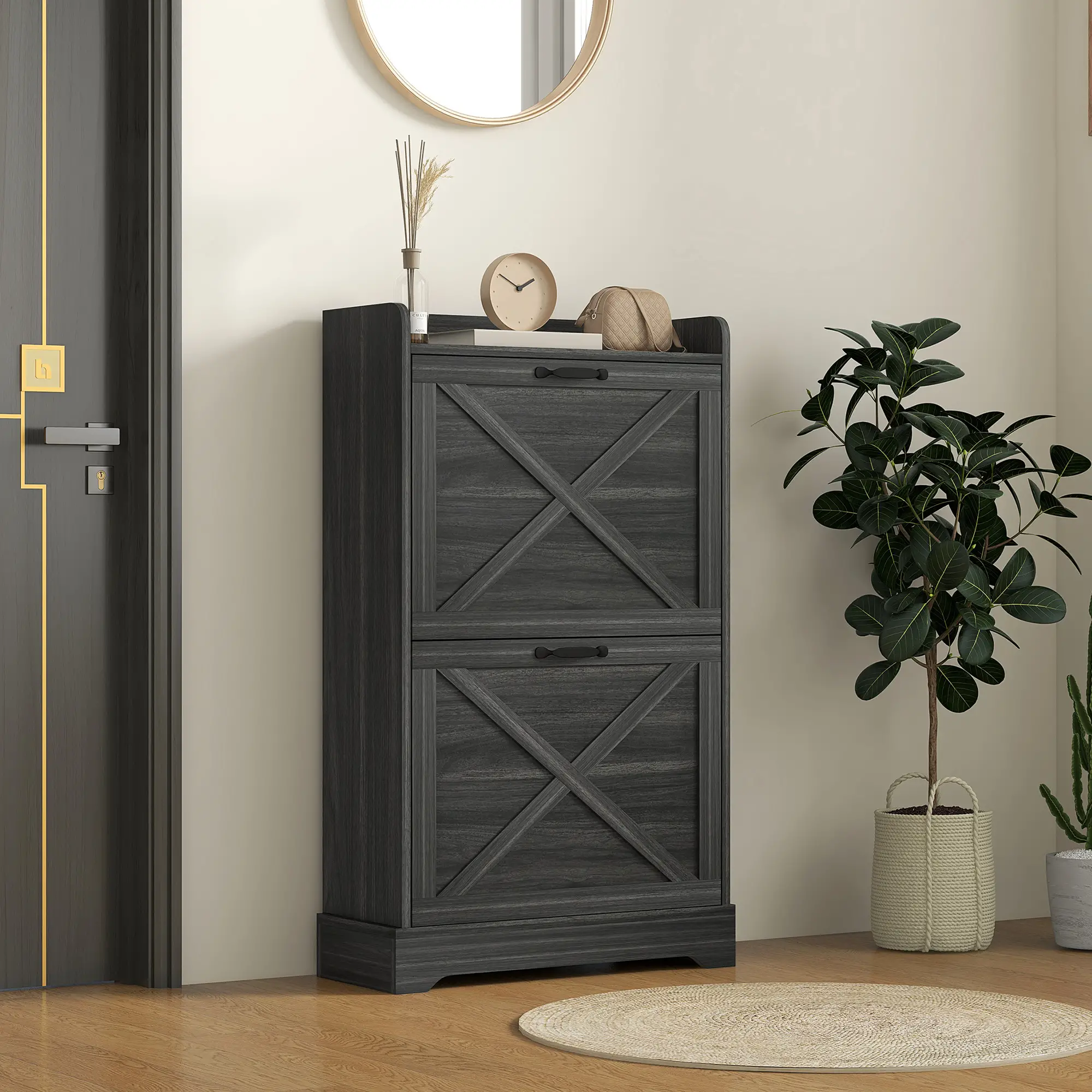 Slim Shoe Storage Cabinet, 2 Flip Drawers, Adjustable Shelves, Distressed, Grey - Image 8