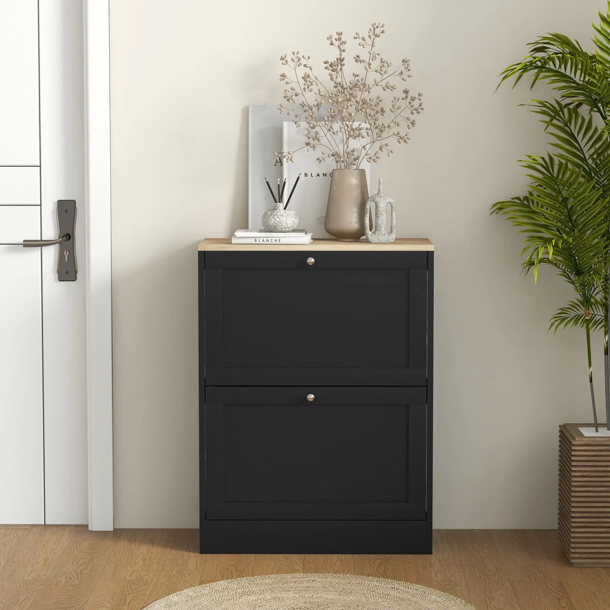 Slim Shoe Storage Cabinet, 2 Flip Drawers, Adjustable Shelves for 12 Pairs, Black - Image 9