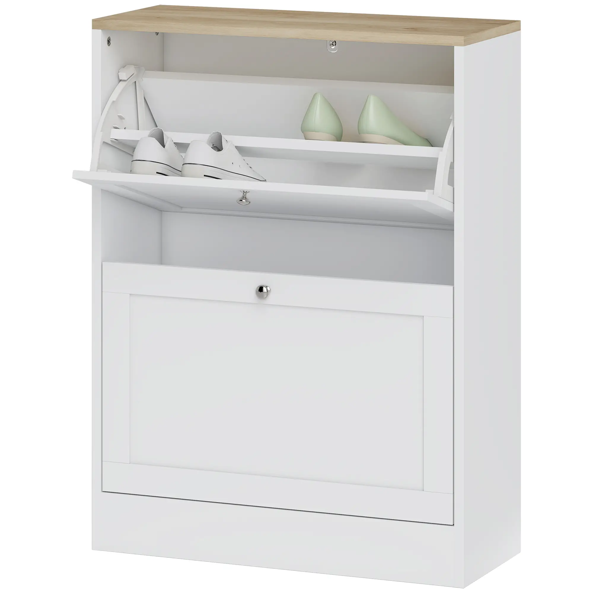 Slim Shoe Storage Cabinet, 2 Flip Drawers, Adjustable Shelves for 12 Pairs, White