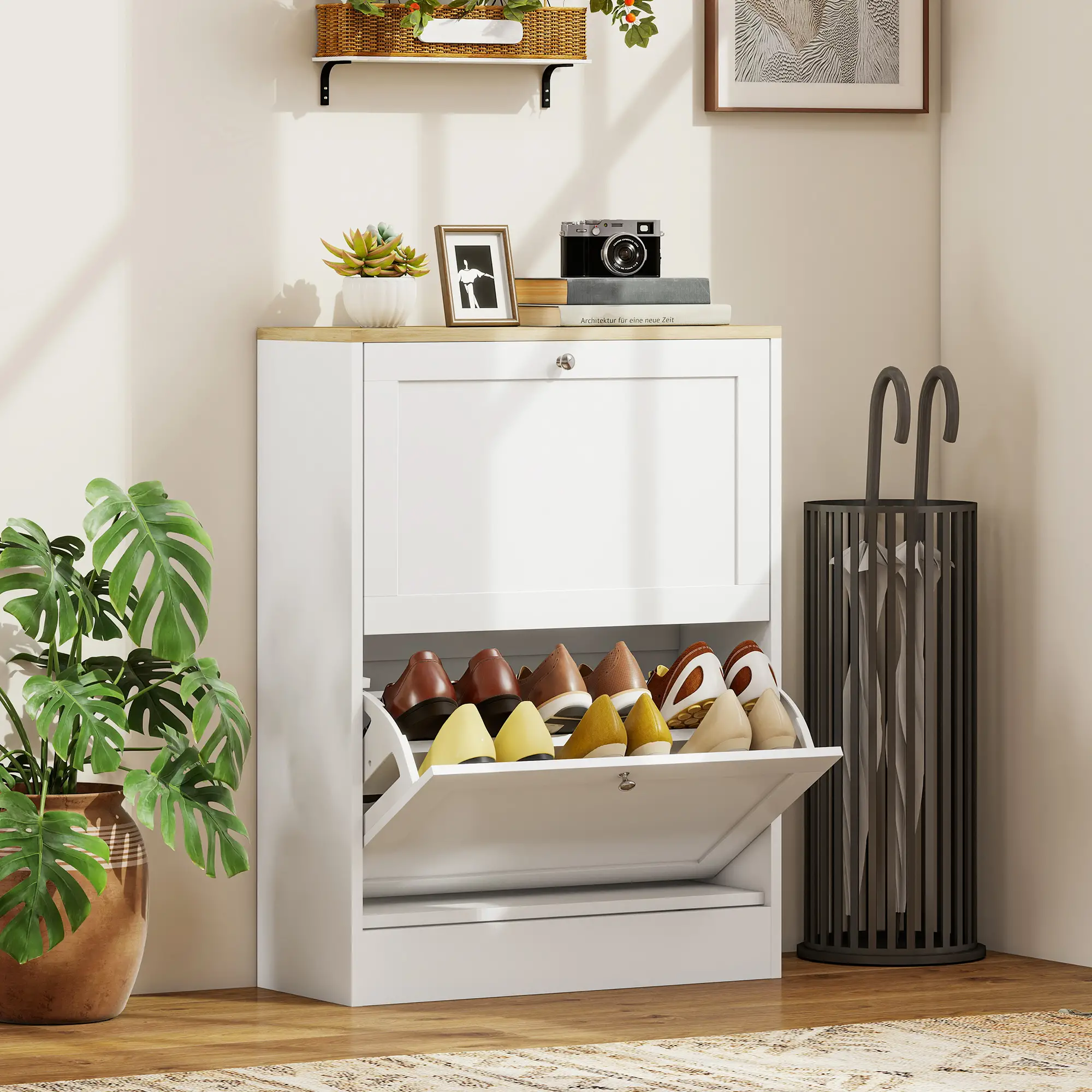 Slim Shoe Storage Cabinet, 2 Flip Drawers, Adjustable Shelves for 12 Pairs, White - Image 2