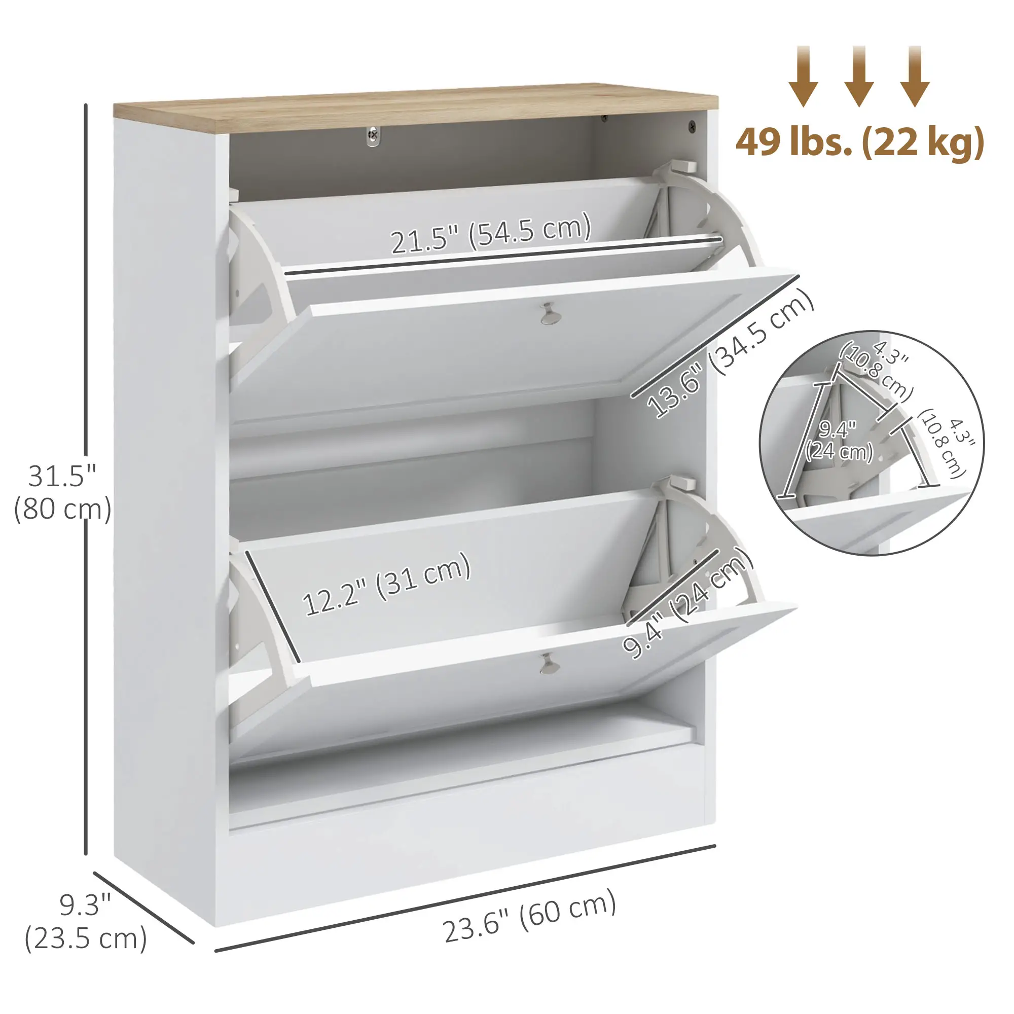 Slim Shoe Storage Cabinet, 2 Flip Drawers, Adjustable Shelves for 12 Pairs, White - Image 3