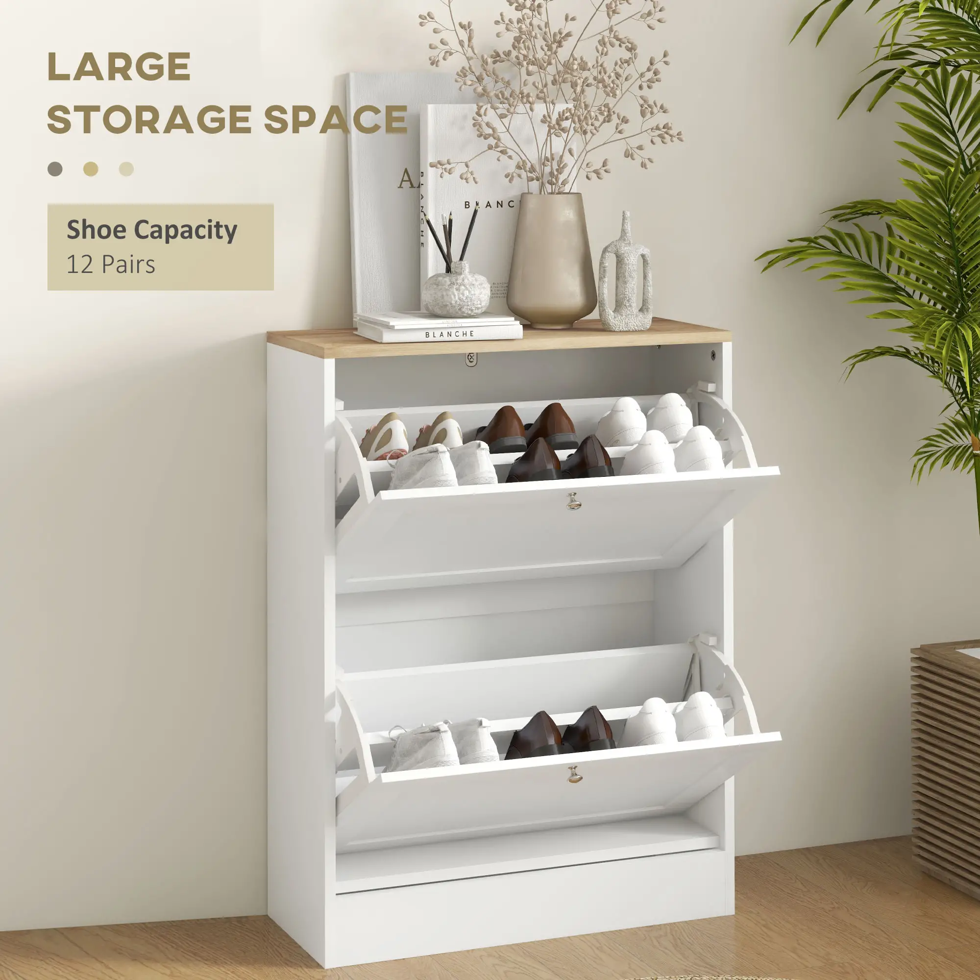 Slim Shoe Storage Cabinet, 2 Flip Drawers, Adjustable Shelves for 12 Pairs, White - Image 4