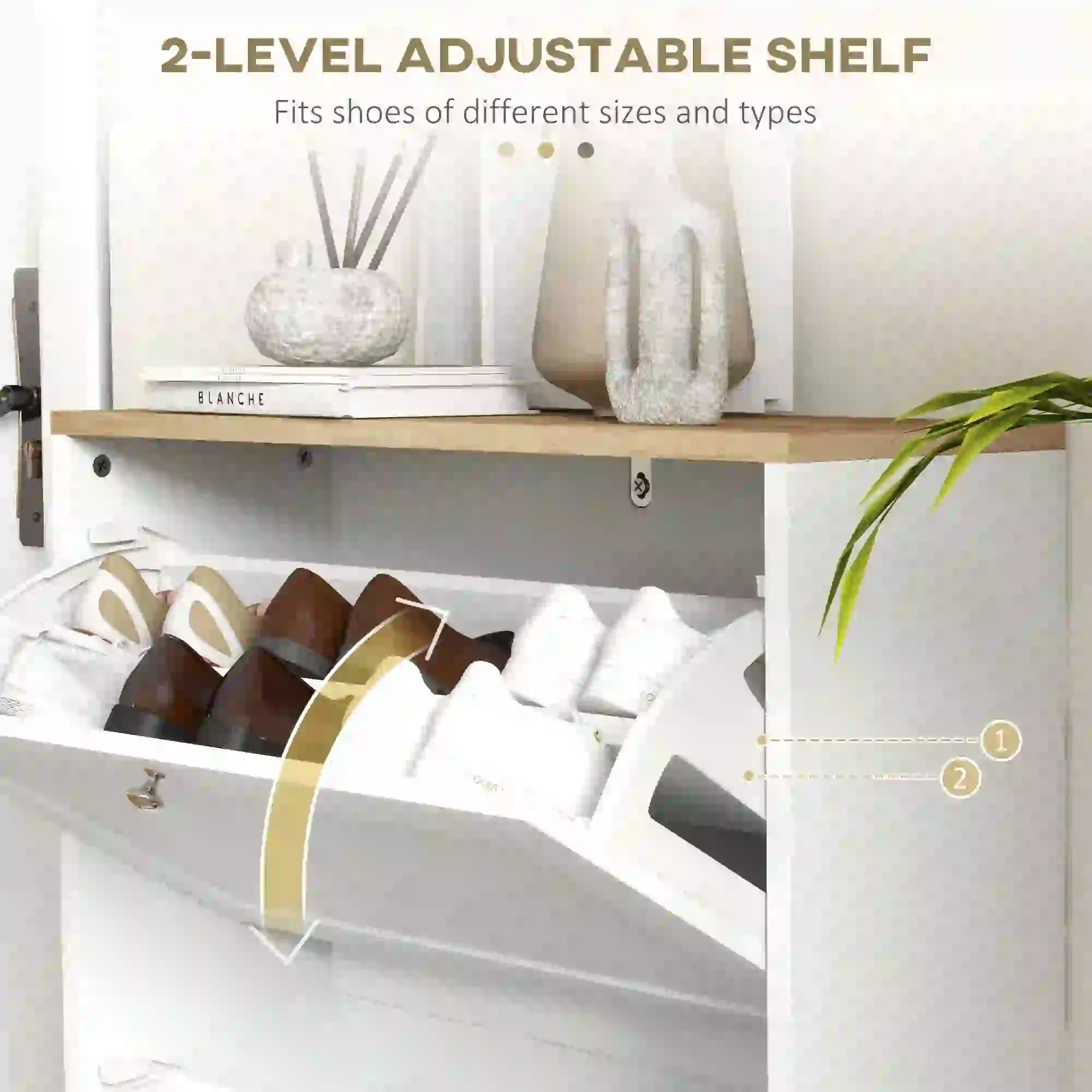 Slim Shoe Storage Cabinet, 2 Flip Drawers, Adjustable Shelves for 12 Pairs, White - Image 5