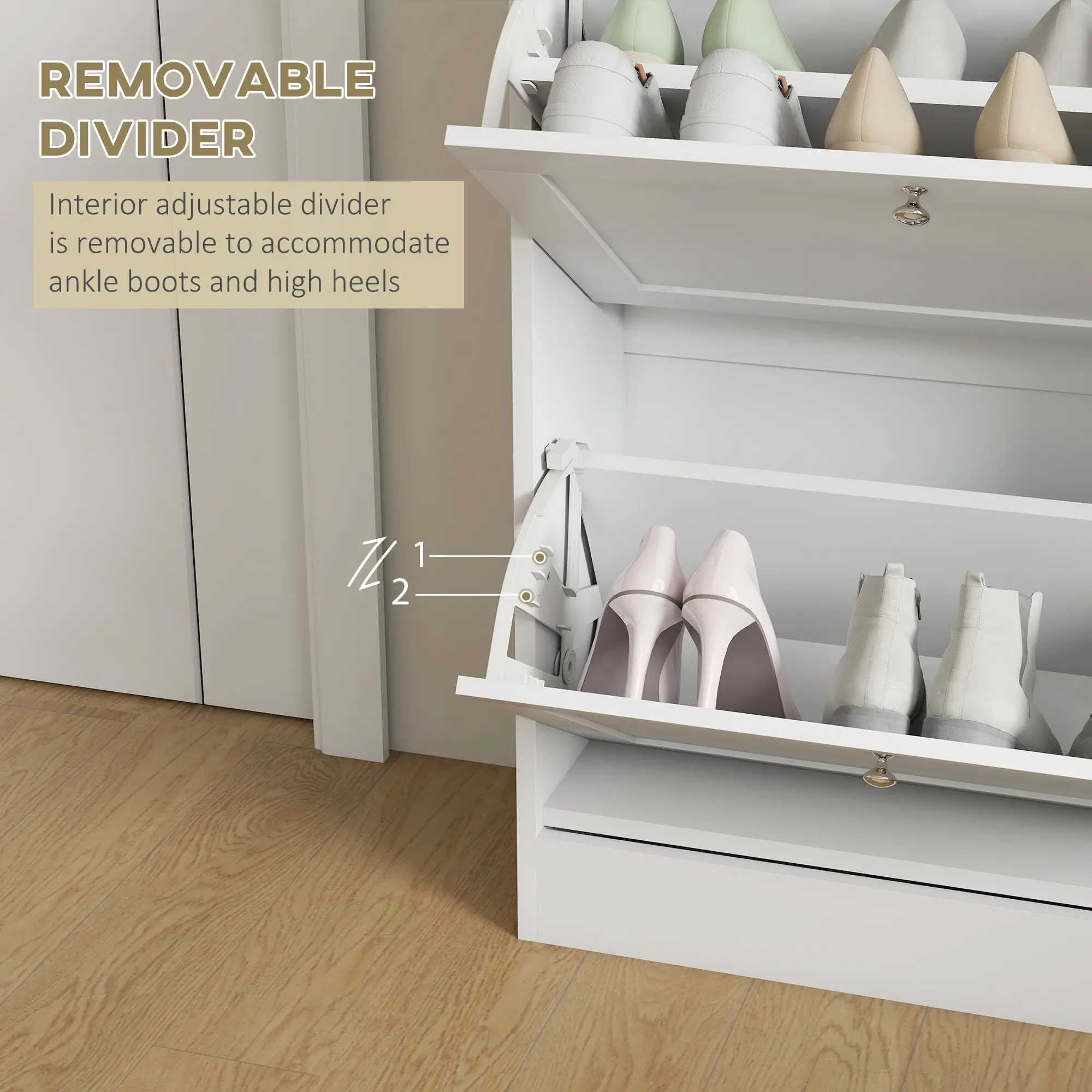 Slim Shoe Storage Cabinet, 2 Flip Drawers, Adjustable Shelves for 12 Pairs, White - Image 6