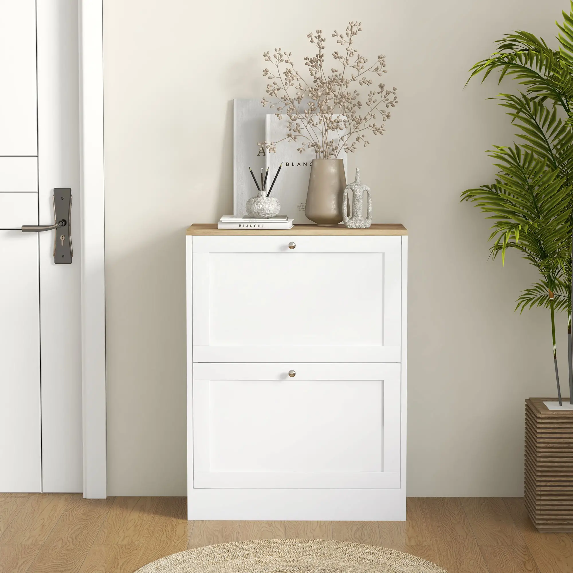 Slim Shoe Storage Cabinet, 2 Flip Drawers, Adjustable Shelves for 12 Pairs, White - Image 9