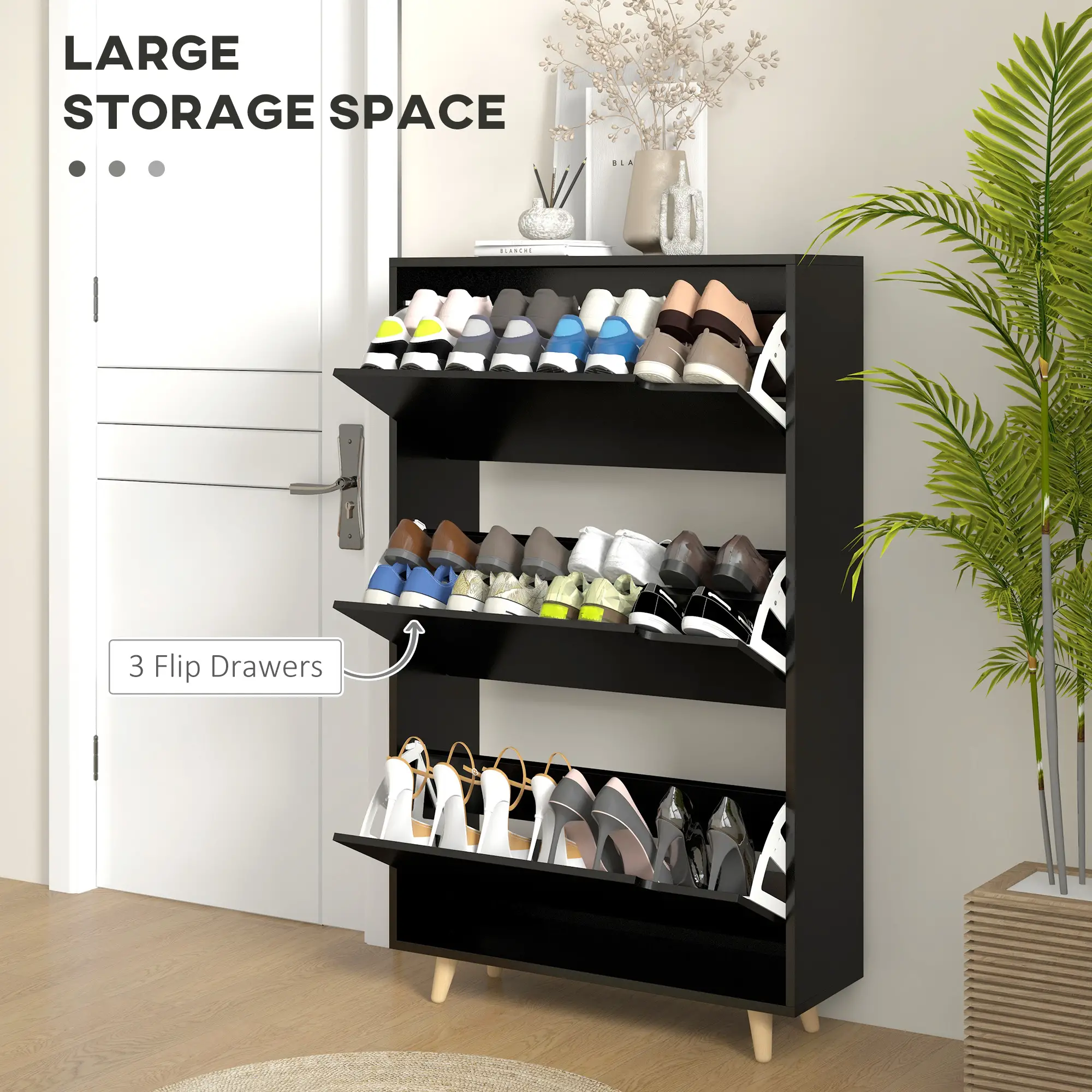 Slim Shoe Storage Cabinet, 3 Flip Drawers, Adjustable Shelves, 18-24 Pairs, Black - Image 4