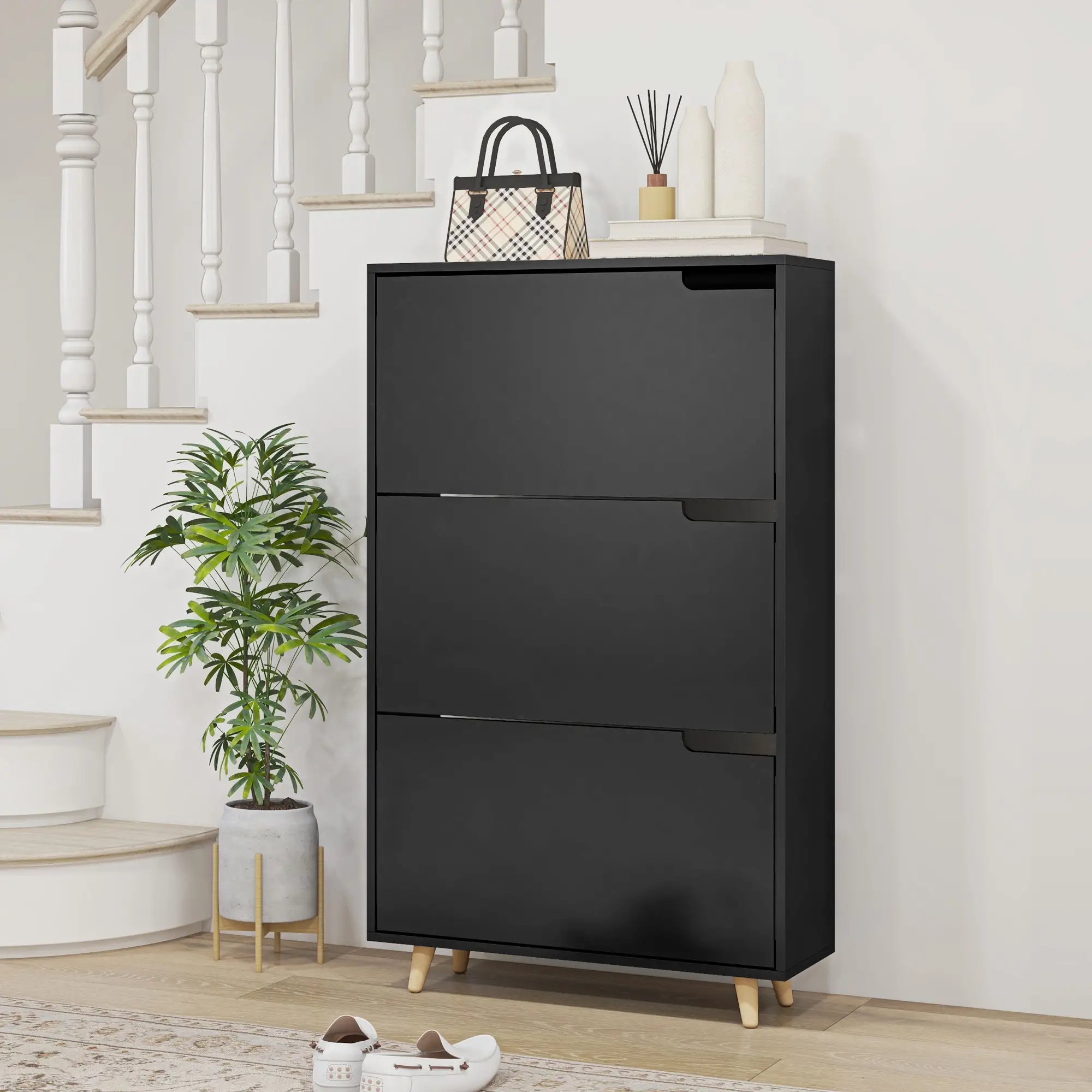 Slim Shoe Storage Cabinet, 3 Flip Drawers, Adjustable Shelves, 18-24 Pairs, Black - Image 8
