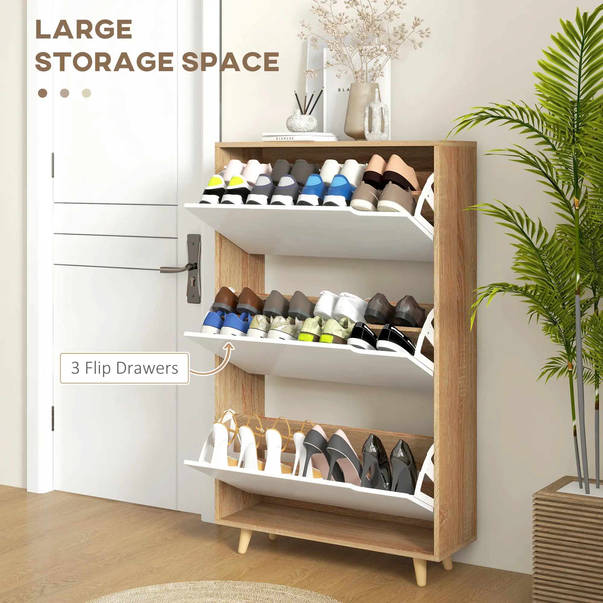 Slim Shoe Storage Cabinet, 3 Flip Drawers, Adjustable Shelves, 18-24 Pairs, White - Image 4