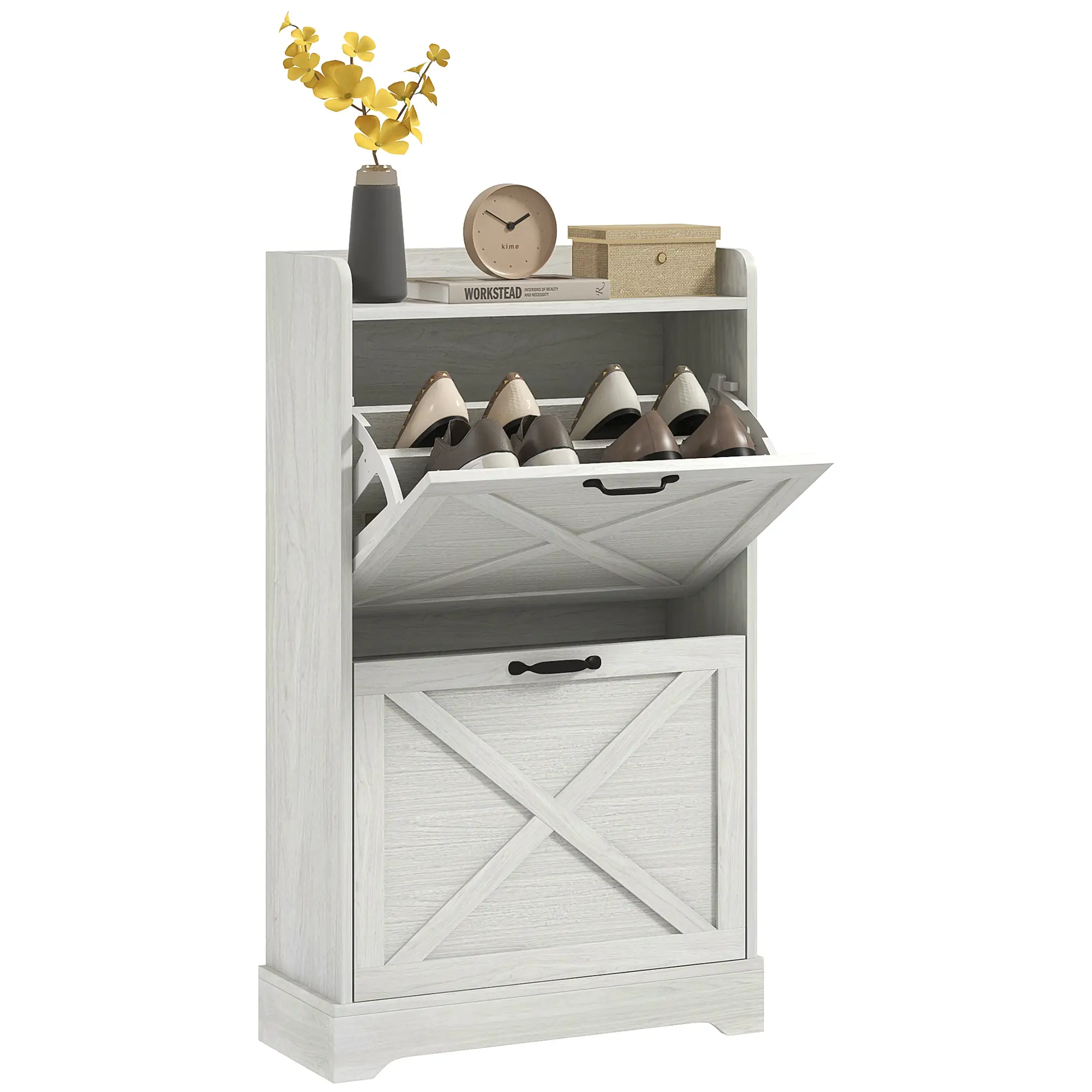 Slim Shoe Storage Cabinet, Farmhouse Style, 2 Flip Drawers, Adjustable Shelves, Holds 8 Pairs, Distressed, White - Image 11