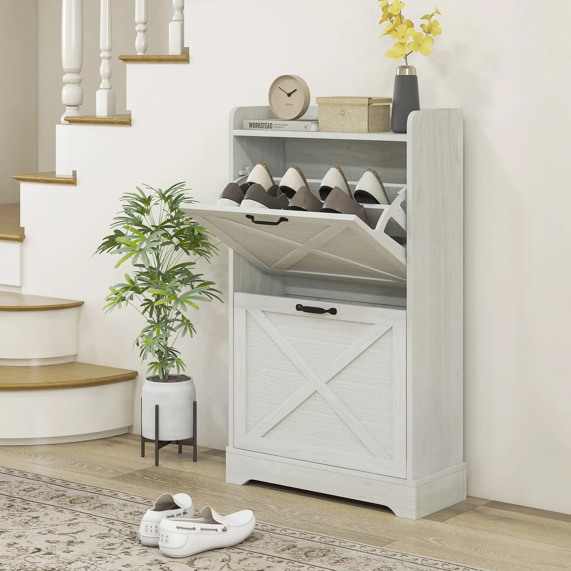 Slim Shoe Storage Cabinet, Farmhouse Style, 2 Flip Drawers, Adjustable Shelves, Holds 8 Pairs, Distressed, White - Image 2