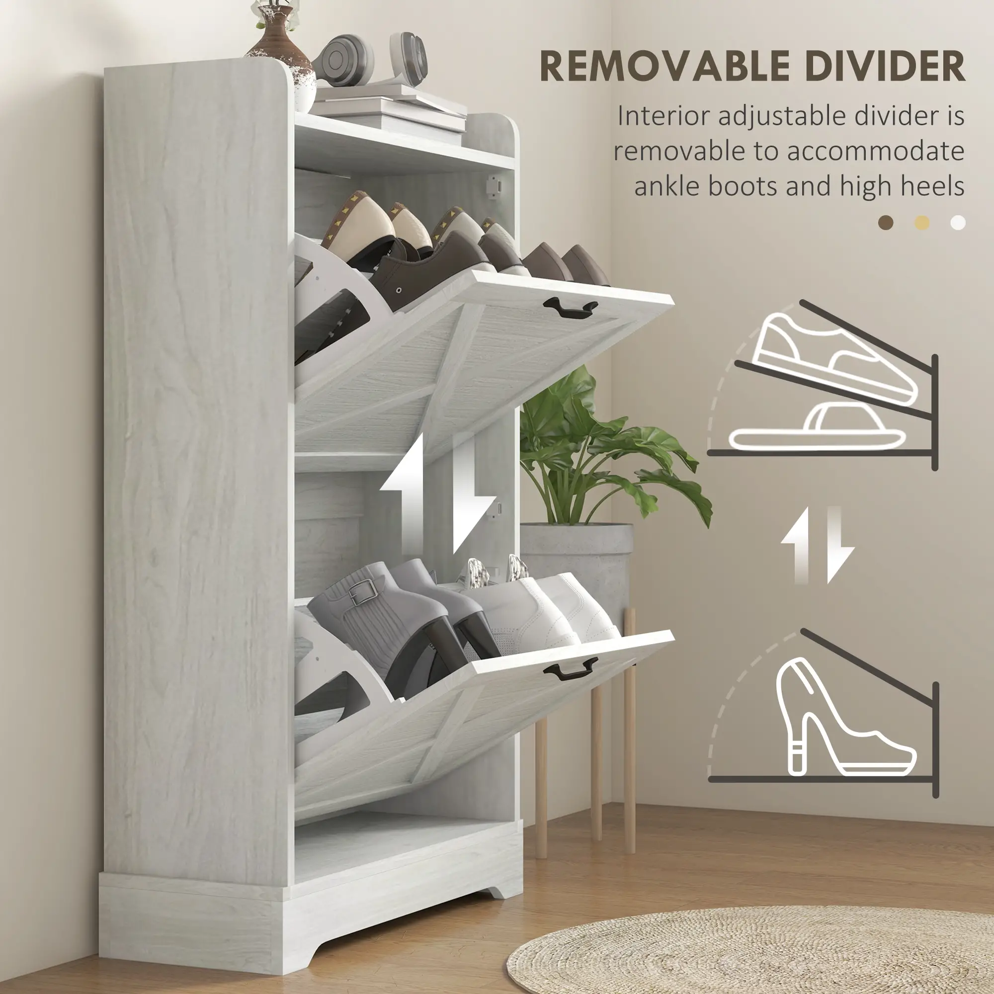Slim Shoe Storage Cabinet, Farmhouse Style, 2 Flip Drawers, Adjustable Shelves, Holds 8 Pairs, Distressed, White - Image 7