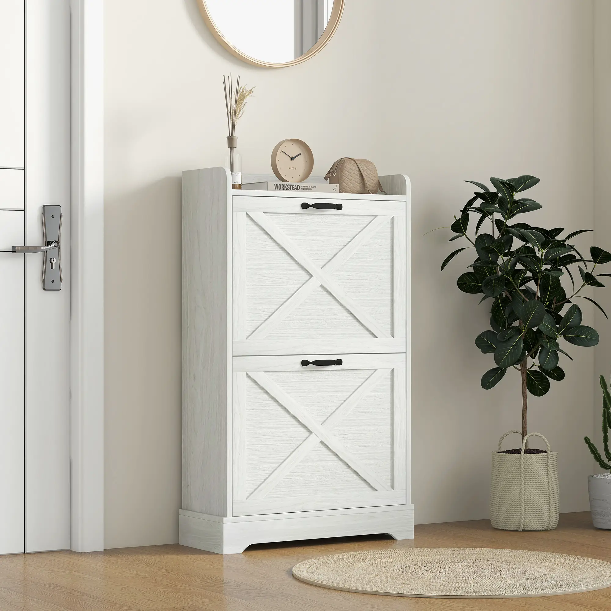 Slim Shoe Storage Cabinet, Farmhouse Style, 2 Flip Drawers, Adjustable Shelves, Holds 8 Pairs, Distressed, White - Image 8