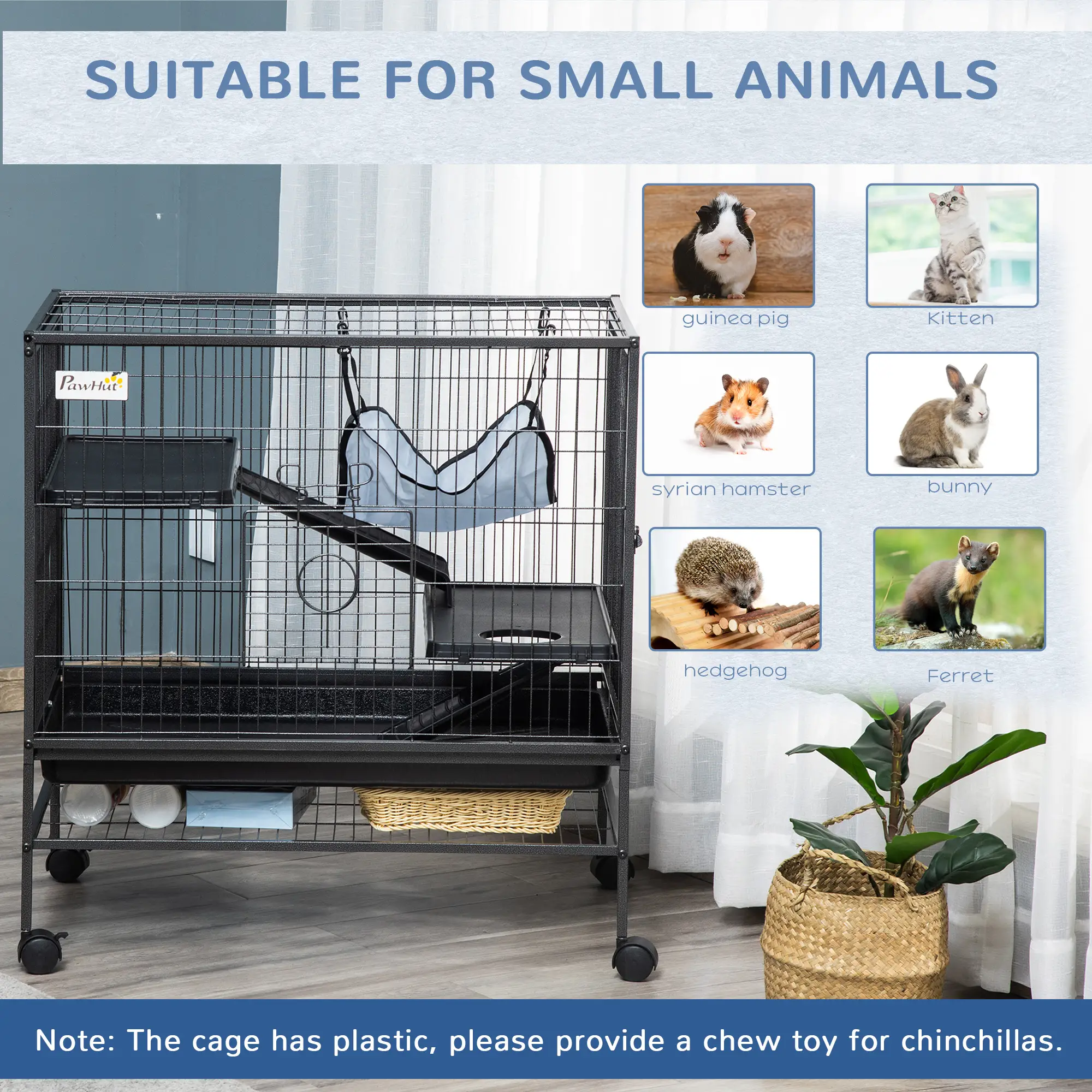 Small Animal Cage, 3-Tier Ferret Cage with Hammock, Removable Tray - Image 4
