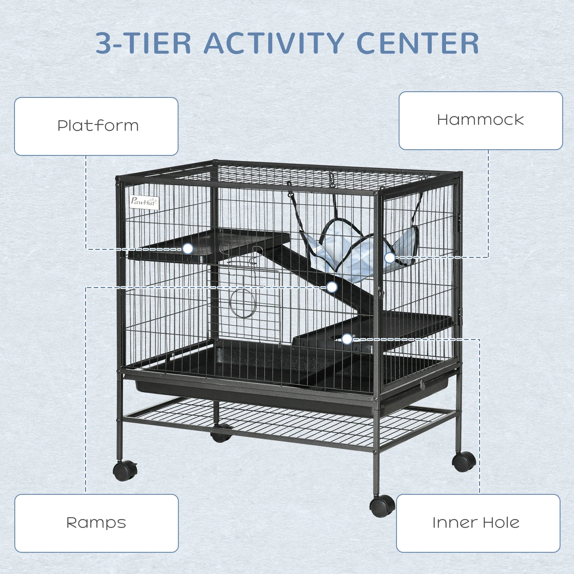 Small Animal Cage, 3-Tier Ferret Cage with Hammock, Removable Tray - Image 5