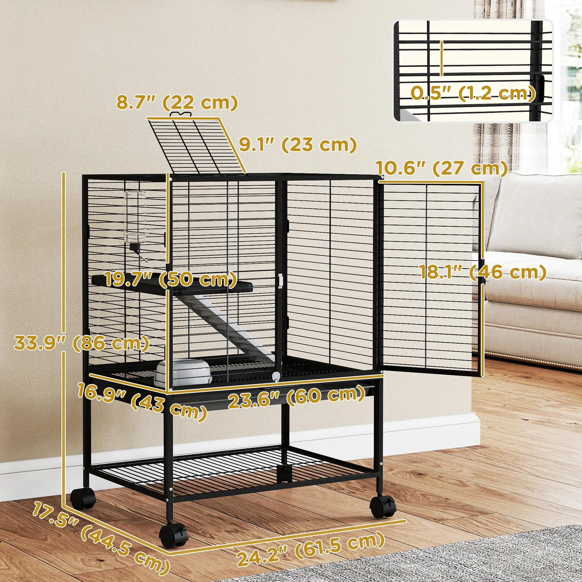 Small Animal Cage 34"H, Removable Tray, Storage Shelf, Black - Image 3