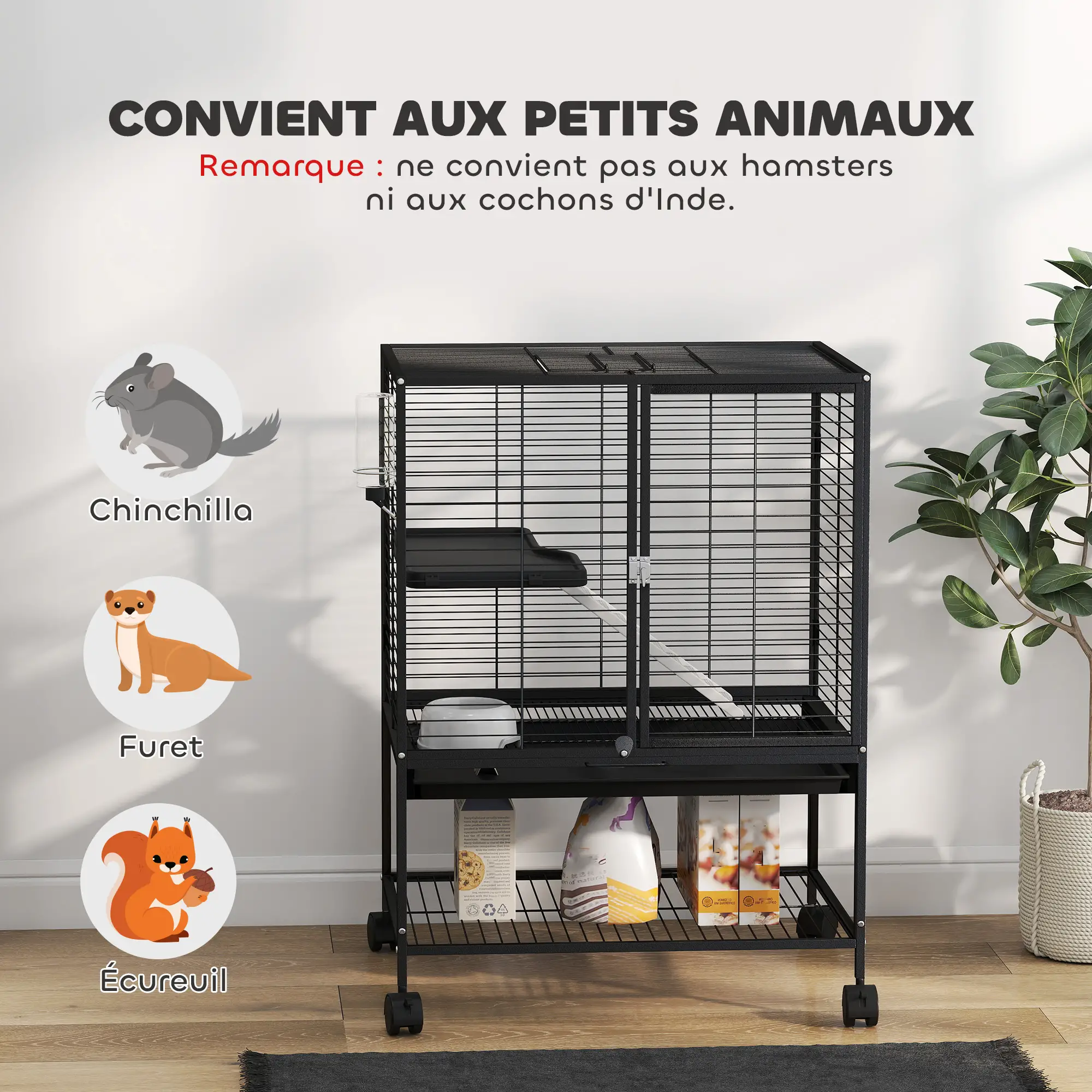 Small Animal Cage 34"H, Removable Tray, Storage Shelf, Black - Image 4