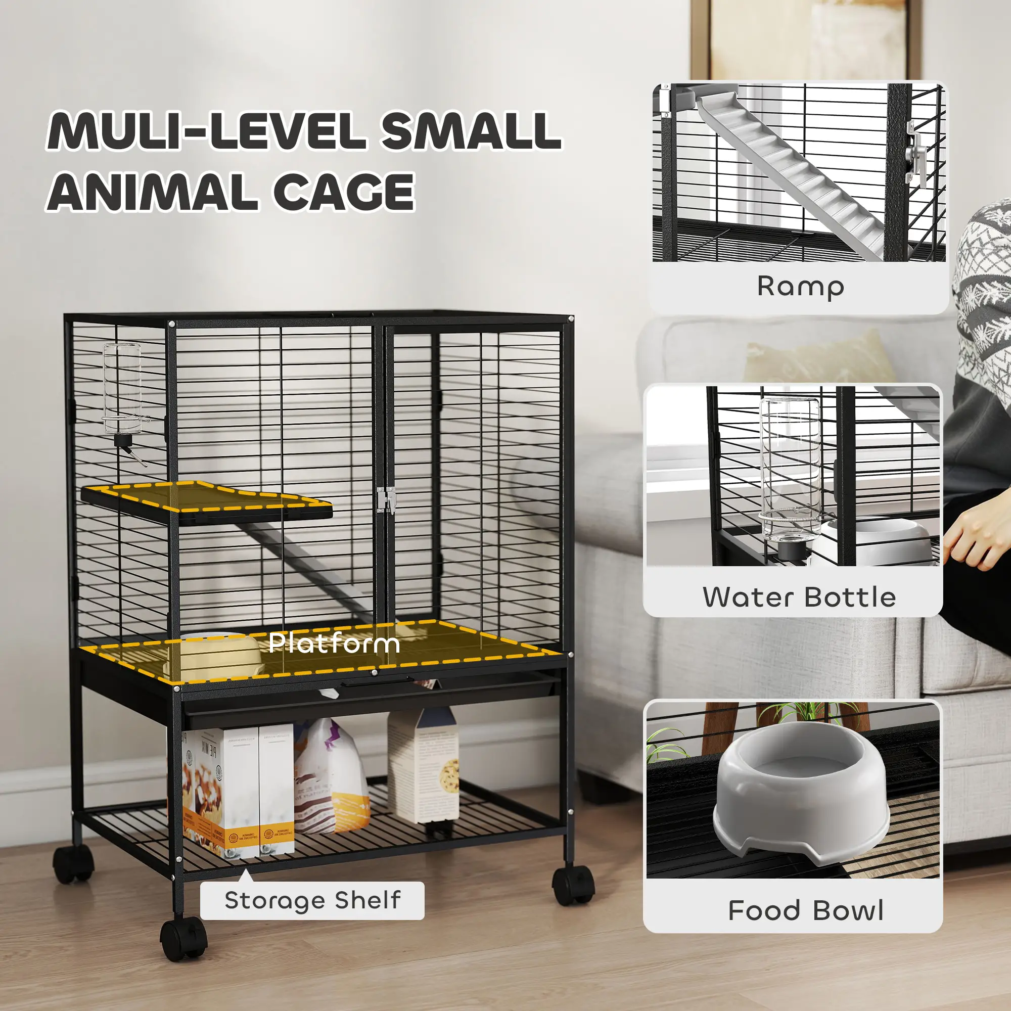 Small Animal Cage 34"H, Removable Tray, Storage Shelf, Black - Image 5