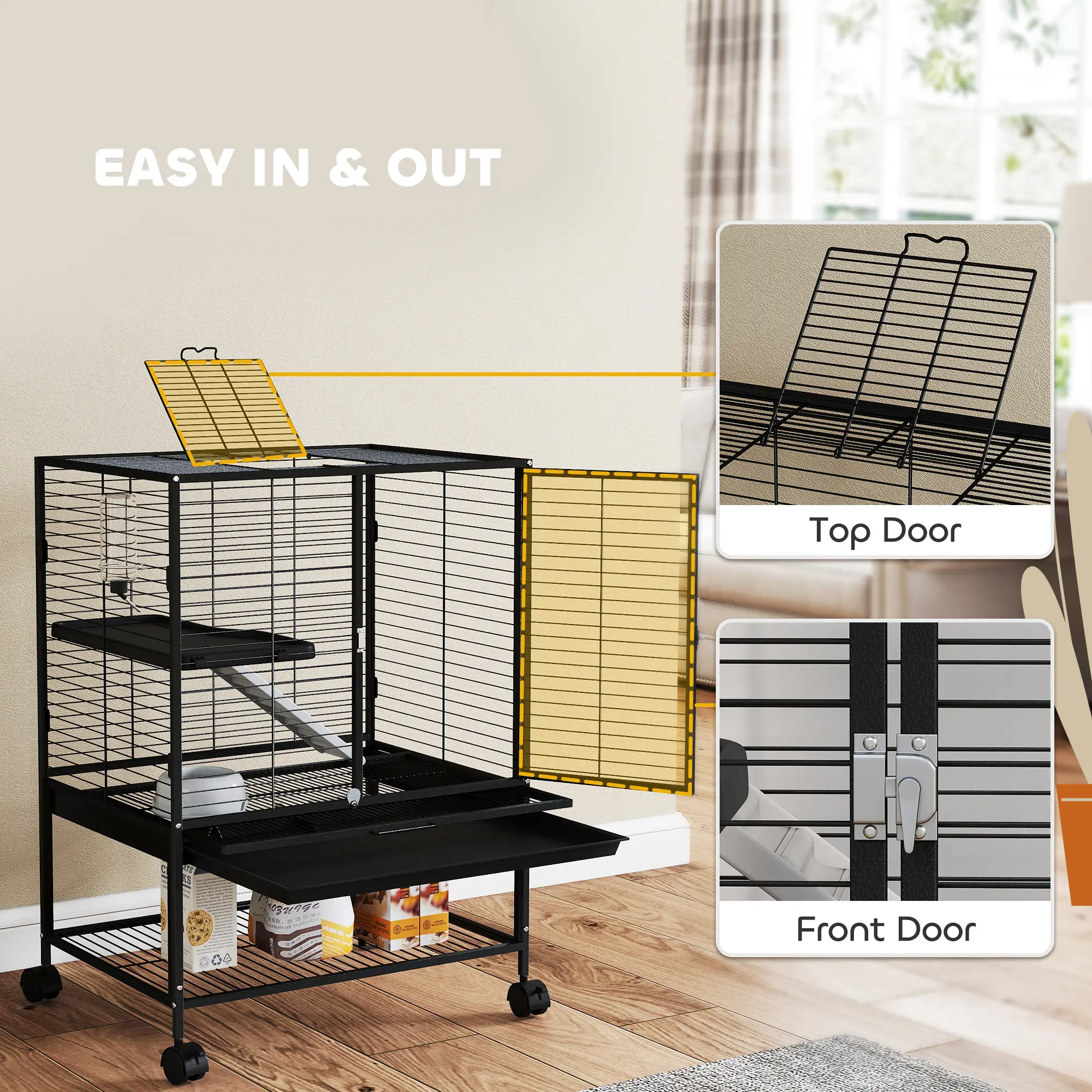 Small Animal Cage 34"H, Removable Tray, Storage Shelf, Black - Image 7