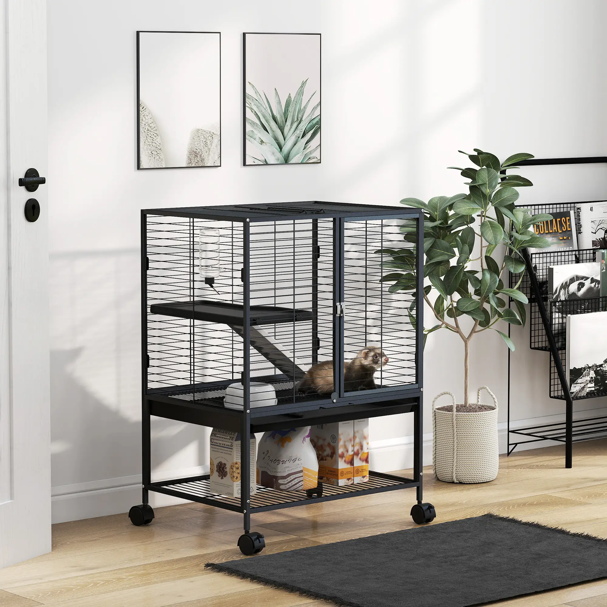 Small Animal Cage 34"H, Removable Tray, Storage Shelf, Black - Image 8