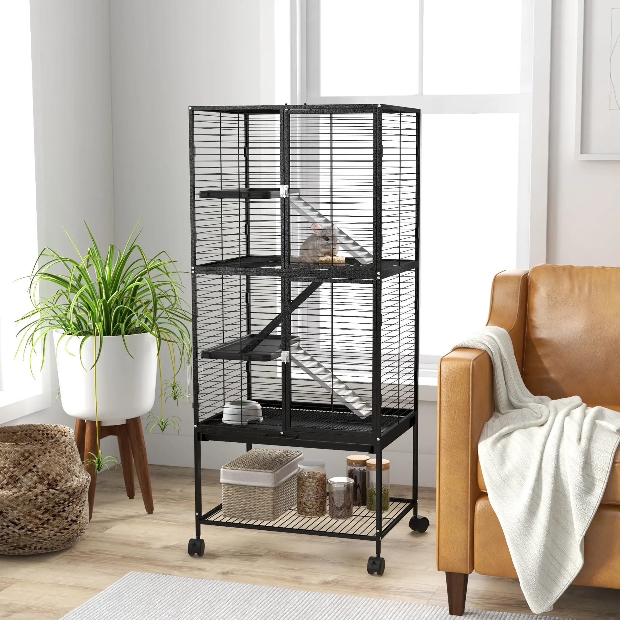 Small Animal Cage 53.5"H, Removable Tray, Storage Shelf, Black - Image 2