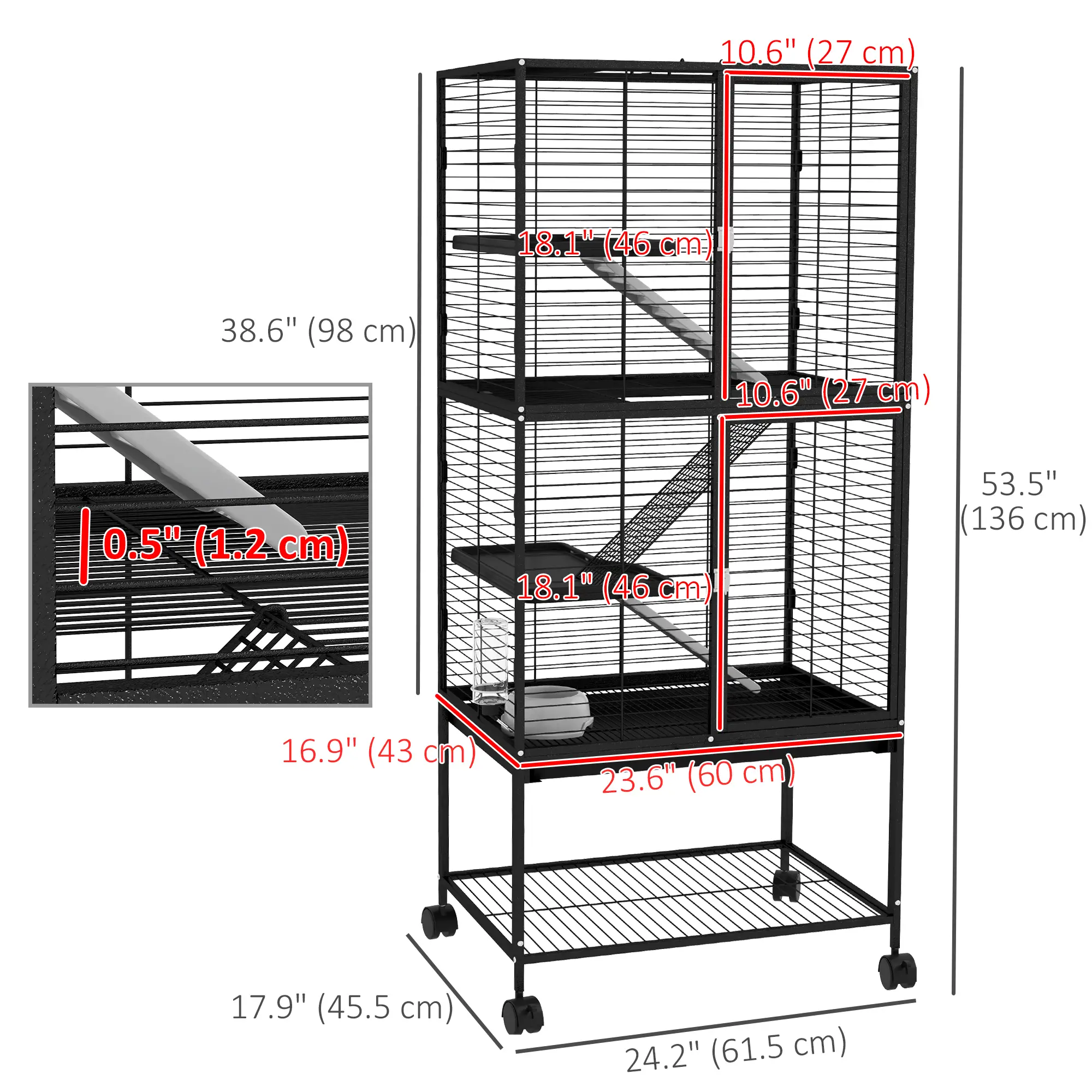 Small Animal Cage 53.5"H, Removable Tray, Storage Shelf, Black - Image 3