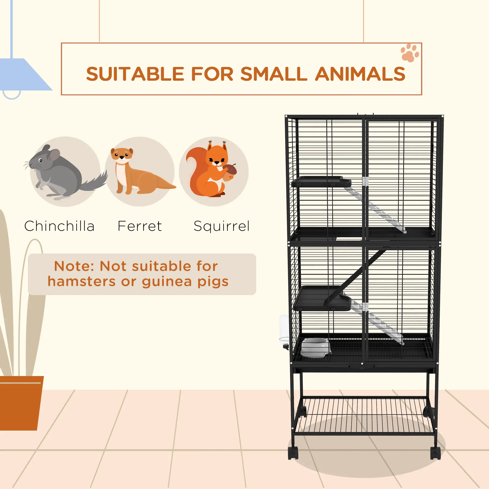 Small Animal Cage 53.5"H, Removable Tray, Storage Shelf, Black - Image 4