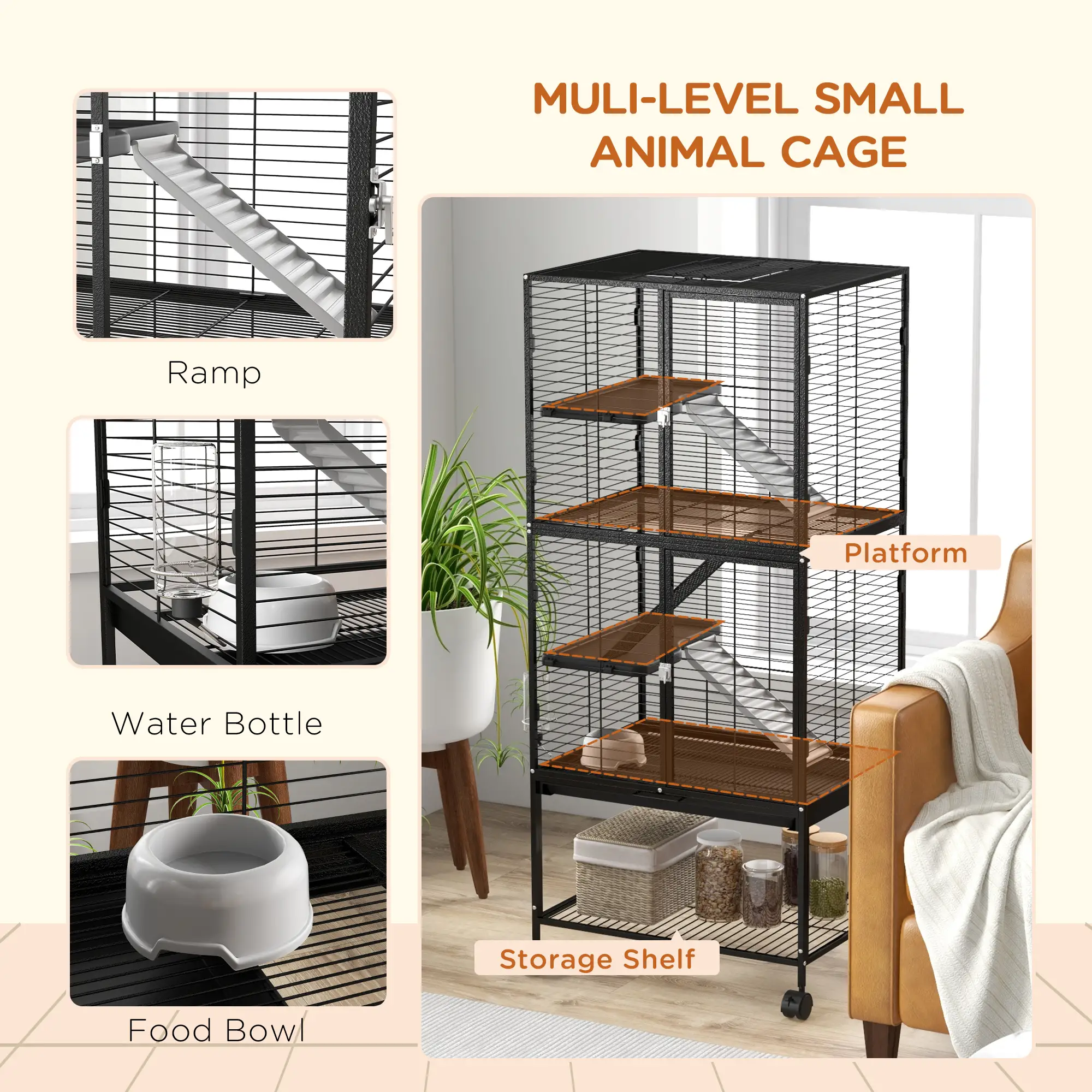 Small Animal Cage 53.5"H, Removable Tray, Storage Shelf, Black - Image 5