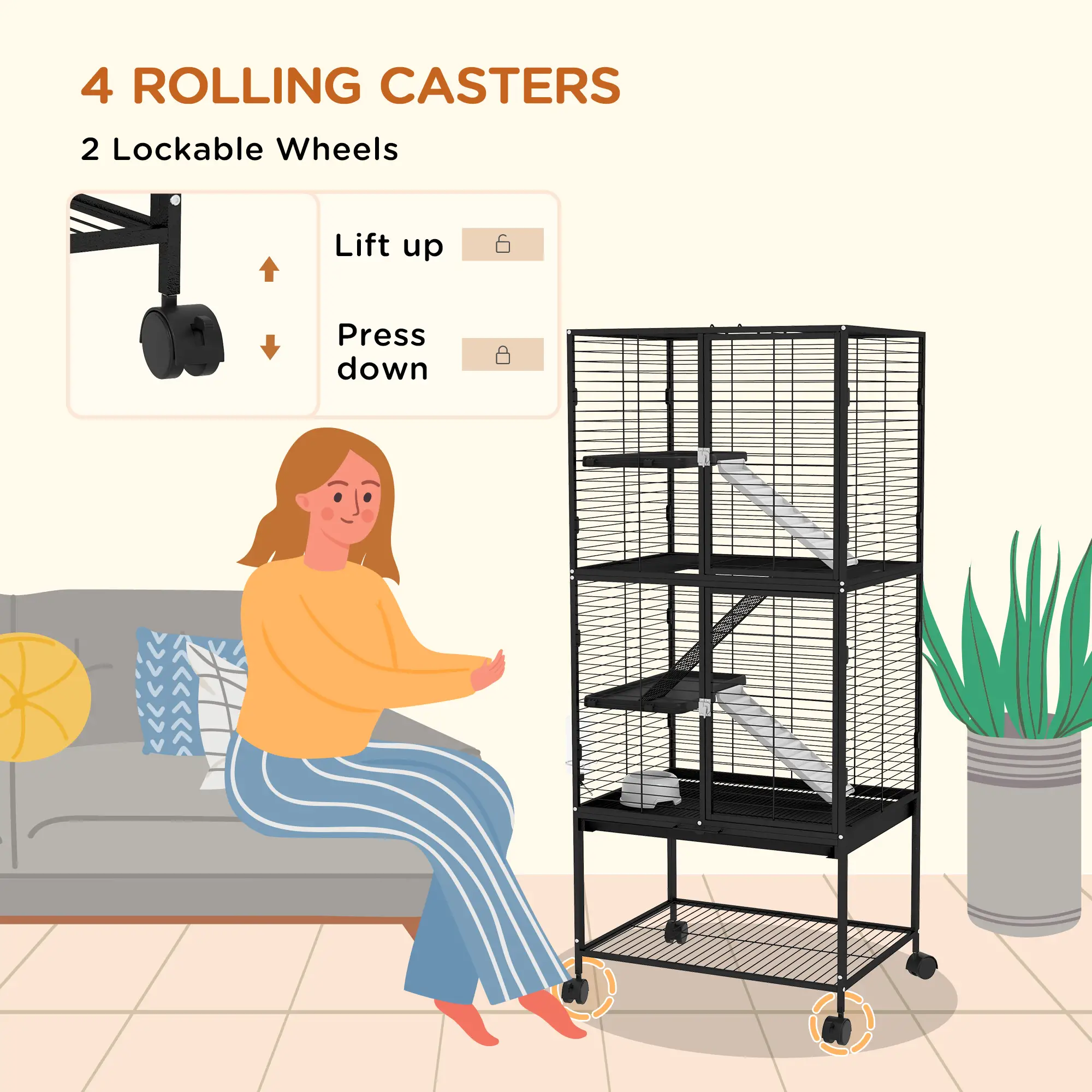Small Animal Cage 53.5"H, Removable Tray, Storage Shelf, Black - Image 6