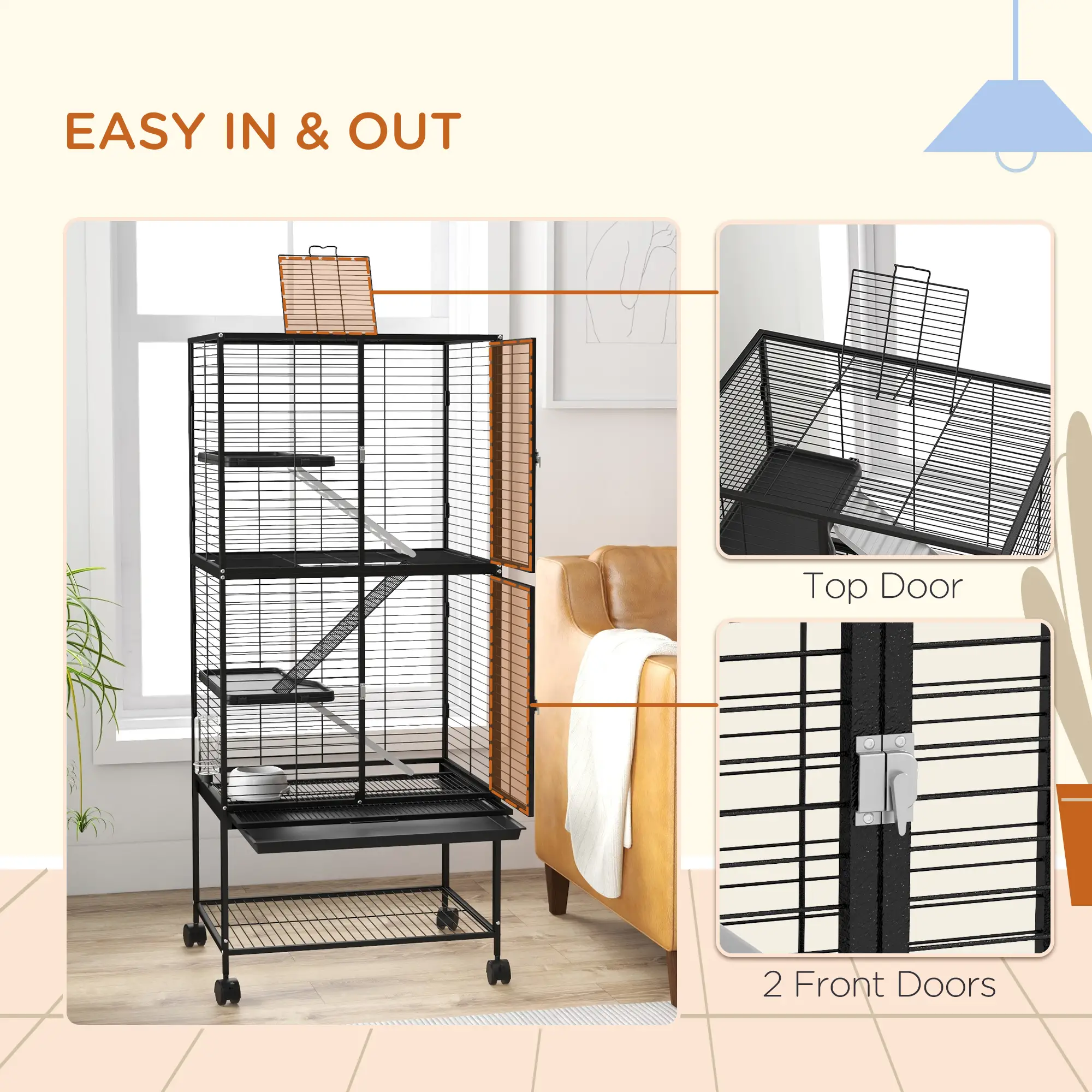Small Animal Cage 53.5"H, Removable Tray, Storage Shelf, Black - Image 7