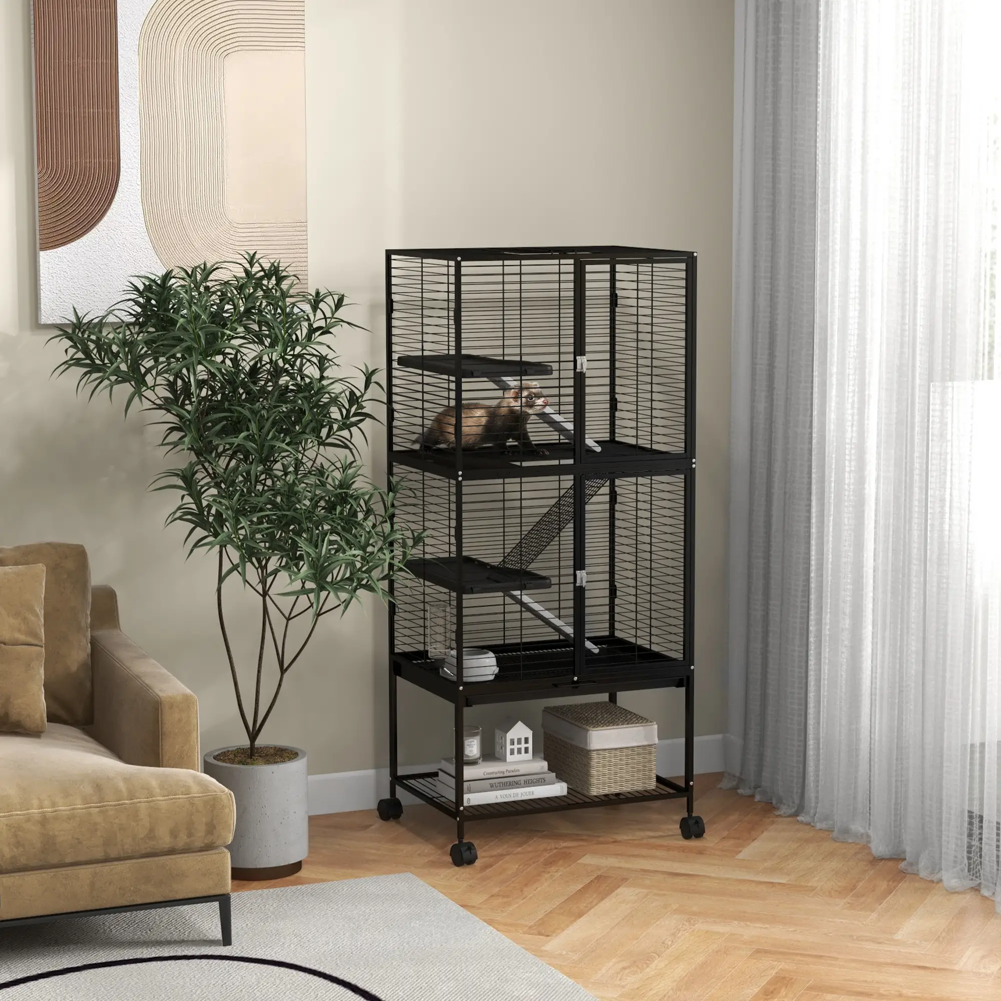 Small Animal Cage 53.5"H, Removable Tray, Storage Shelf, Black - Image 8