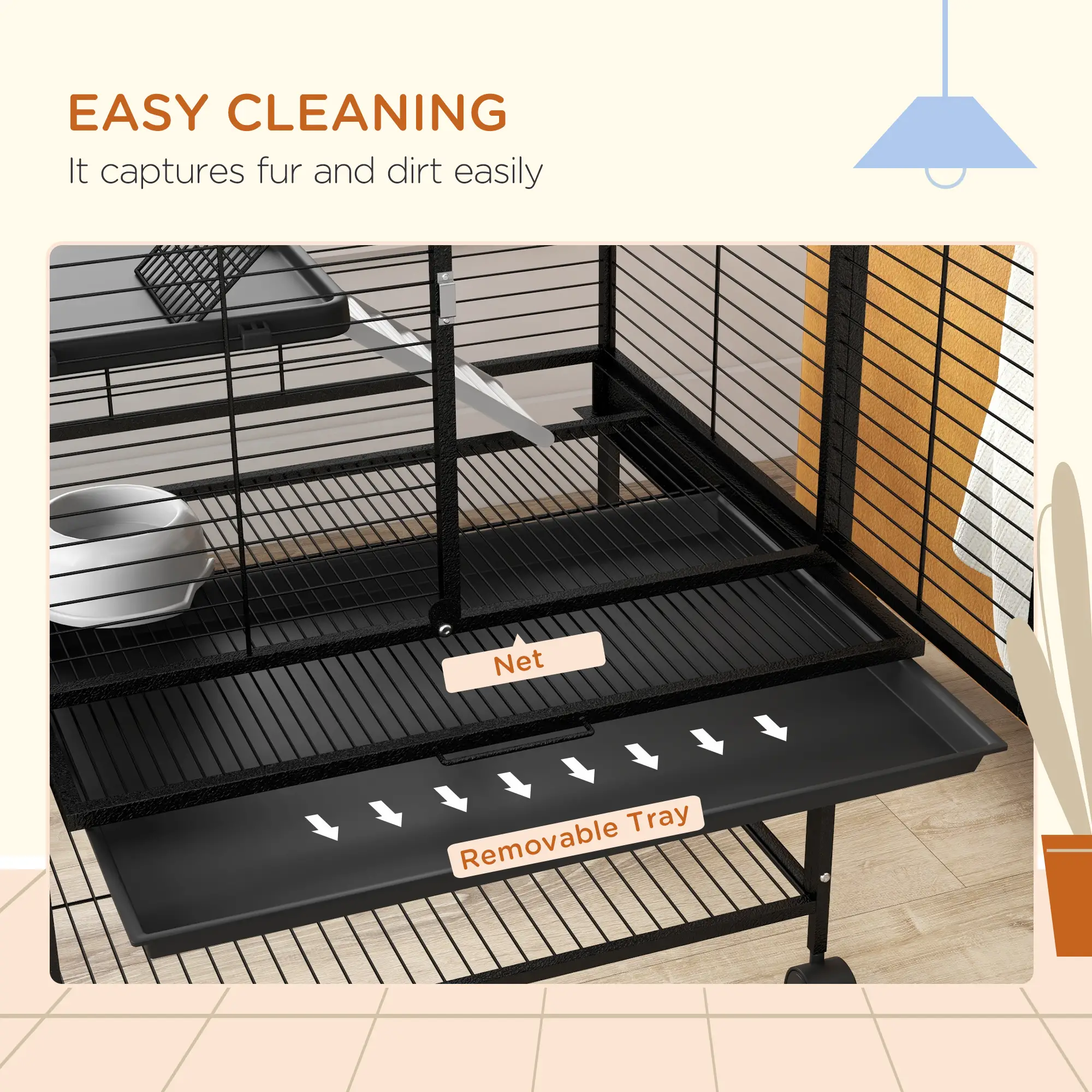 Small Animal Cage 53.5"H, Removable Tray, Storage Shelf, Black - Image 9