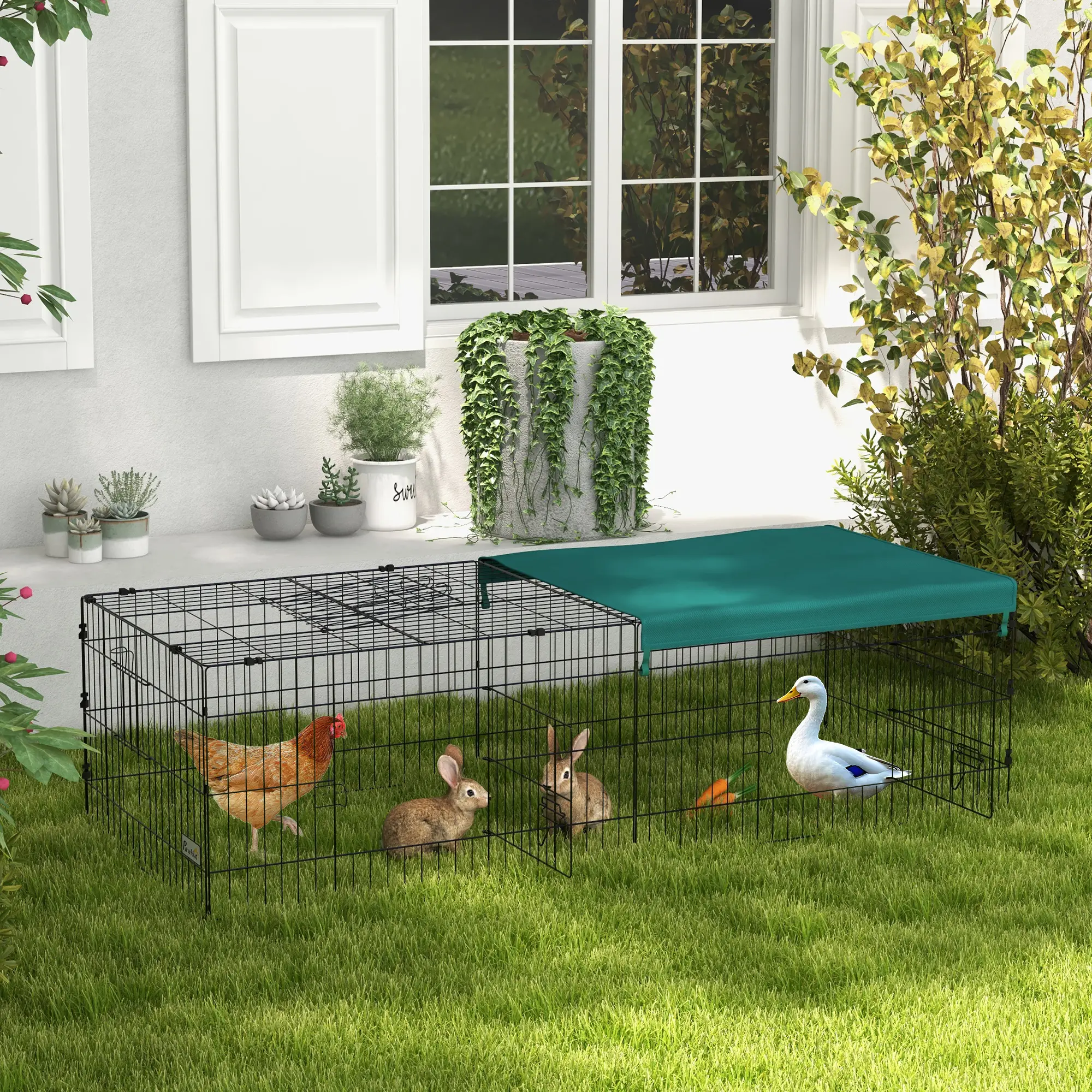 Small Animal Cage With Roof, Indoor Outdoor Use, 73" x 30" x 20", Green - Image 2